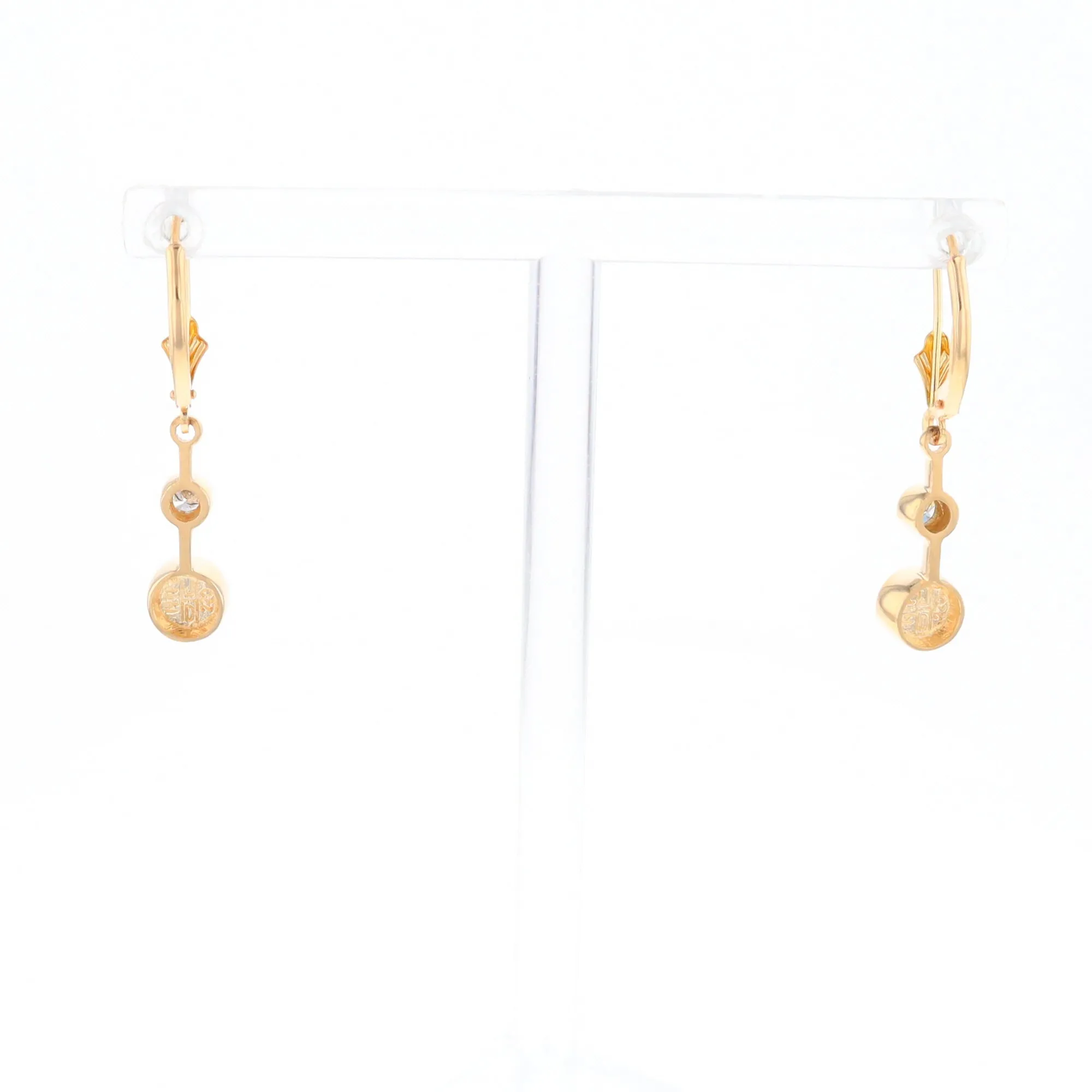 Gold Quartz Earrings Circle Shape Inlaid with .20ctw Diamonds Lever Backs