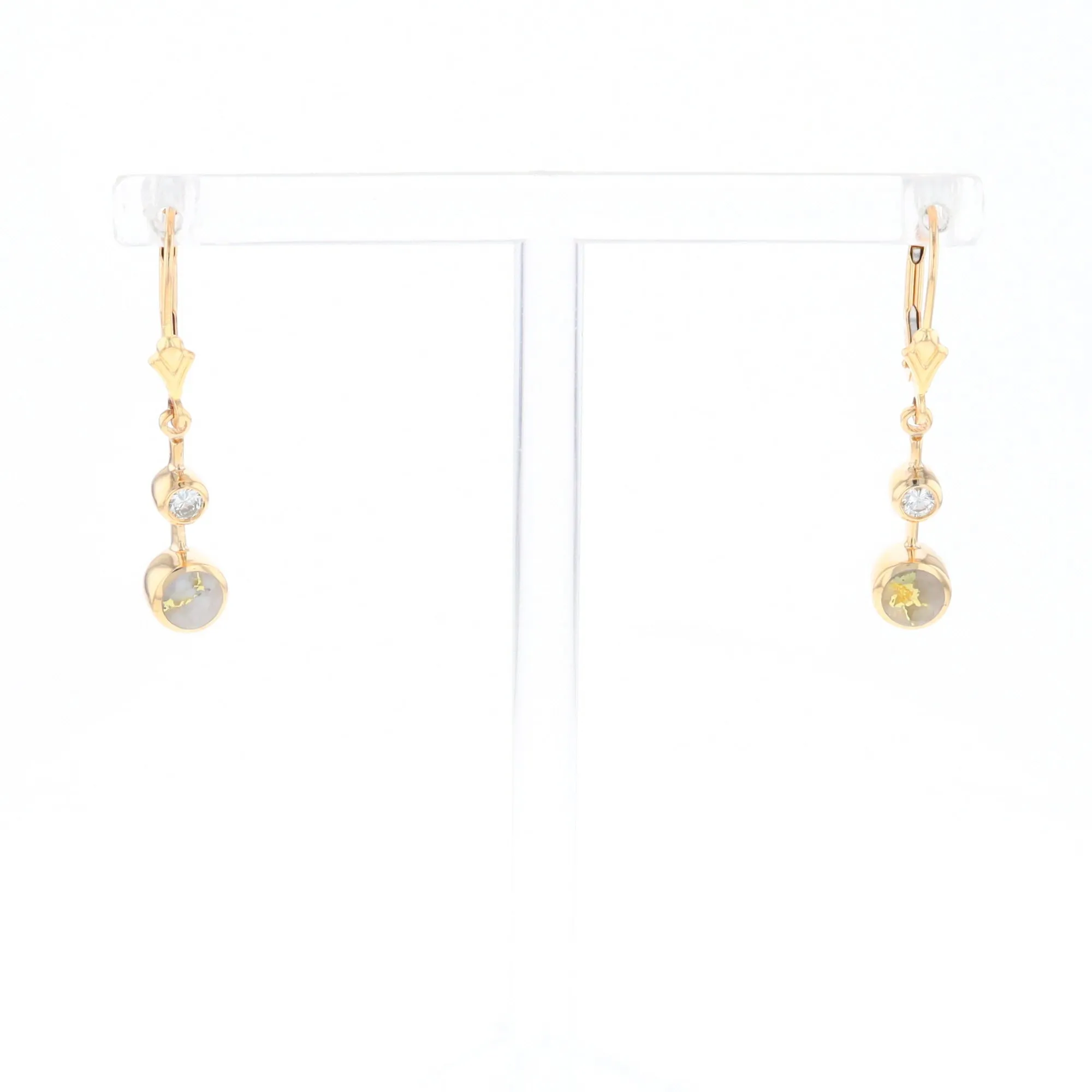 Gold Quartz Earrings Circle Shape Inlaid with .20ctw Diamonds Lever Backs