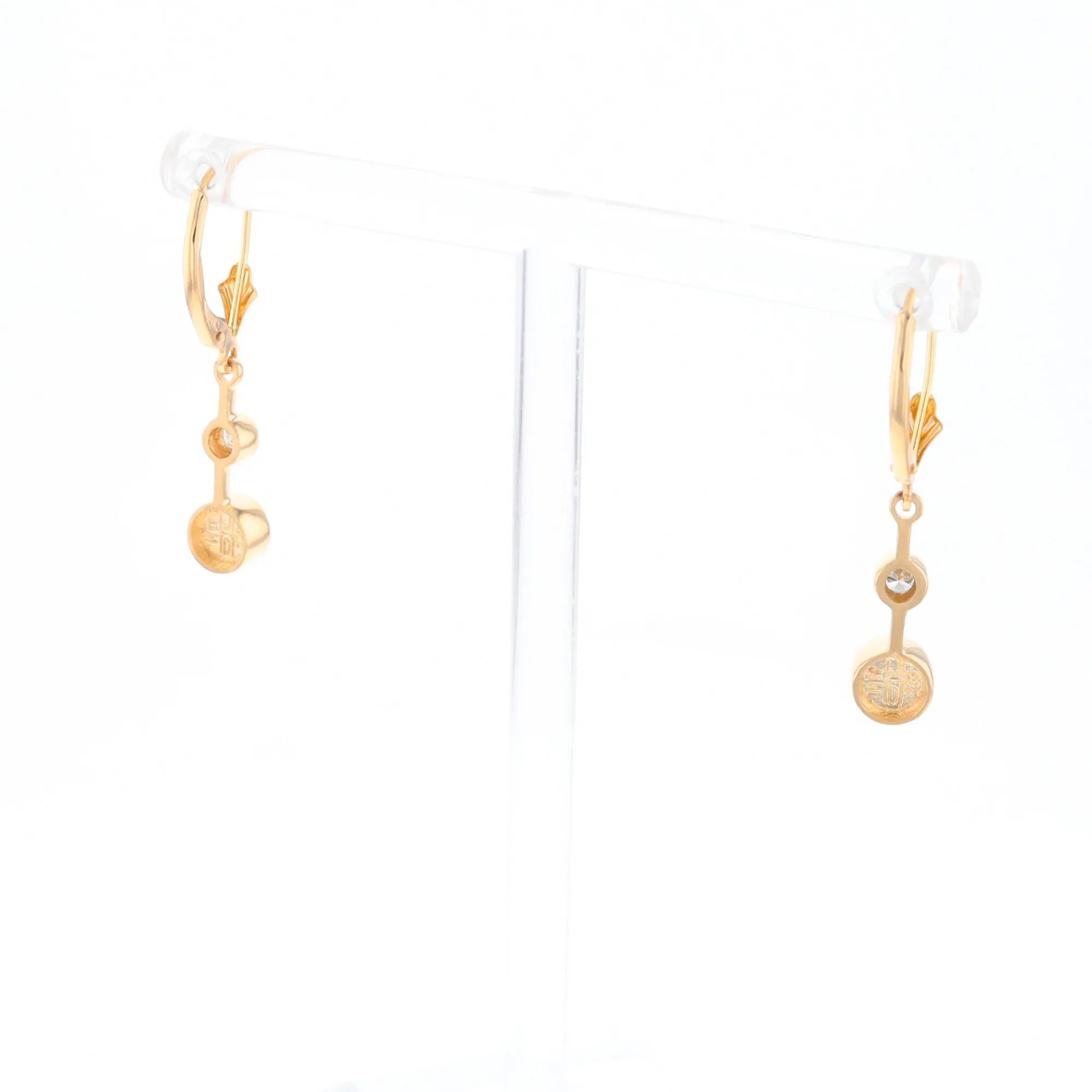 Gold Quartz Earrings Circle Shape Inlaid with .20ctw Diamonds Lever Backs