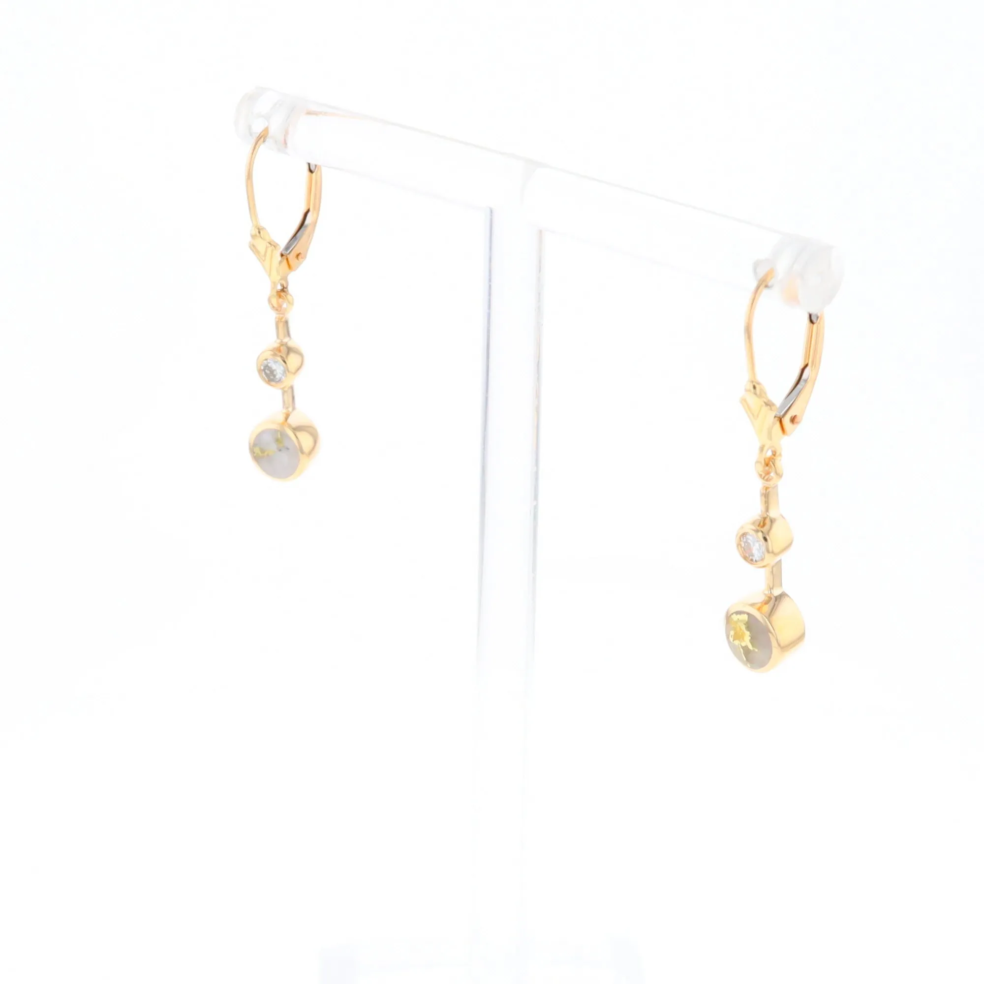 Gold Quartz Earrings Circle Shape Inlaid with .20ctw Diamonds Lever Backs
