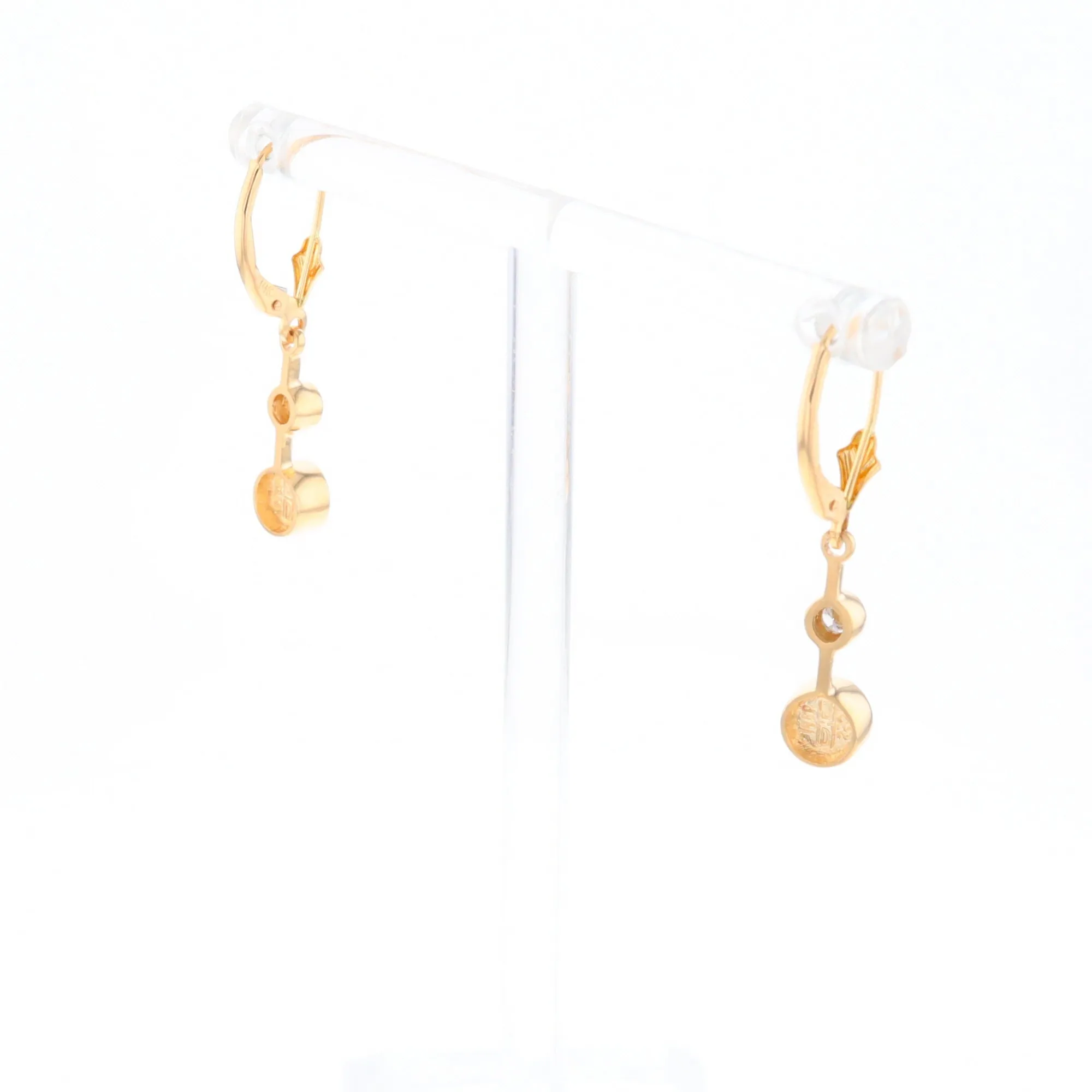 Gold Quartz Earrings Circle Shape Inlaid with .20ctw Diamonds Lever Backs