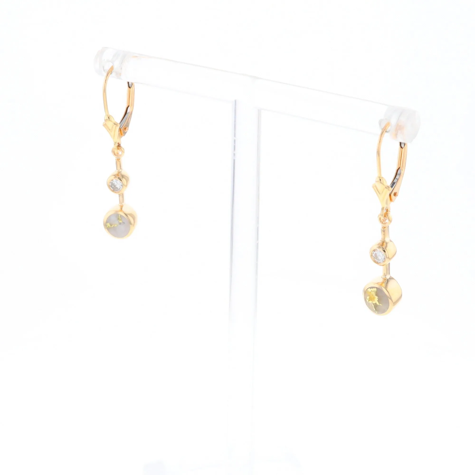 Gold Quartz Earrings Circle Shape Inlaid with .20ctw Diamonds Lever Backs