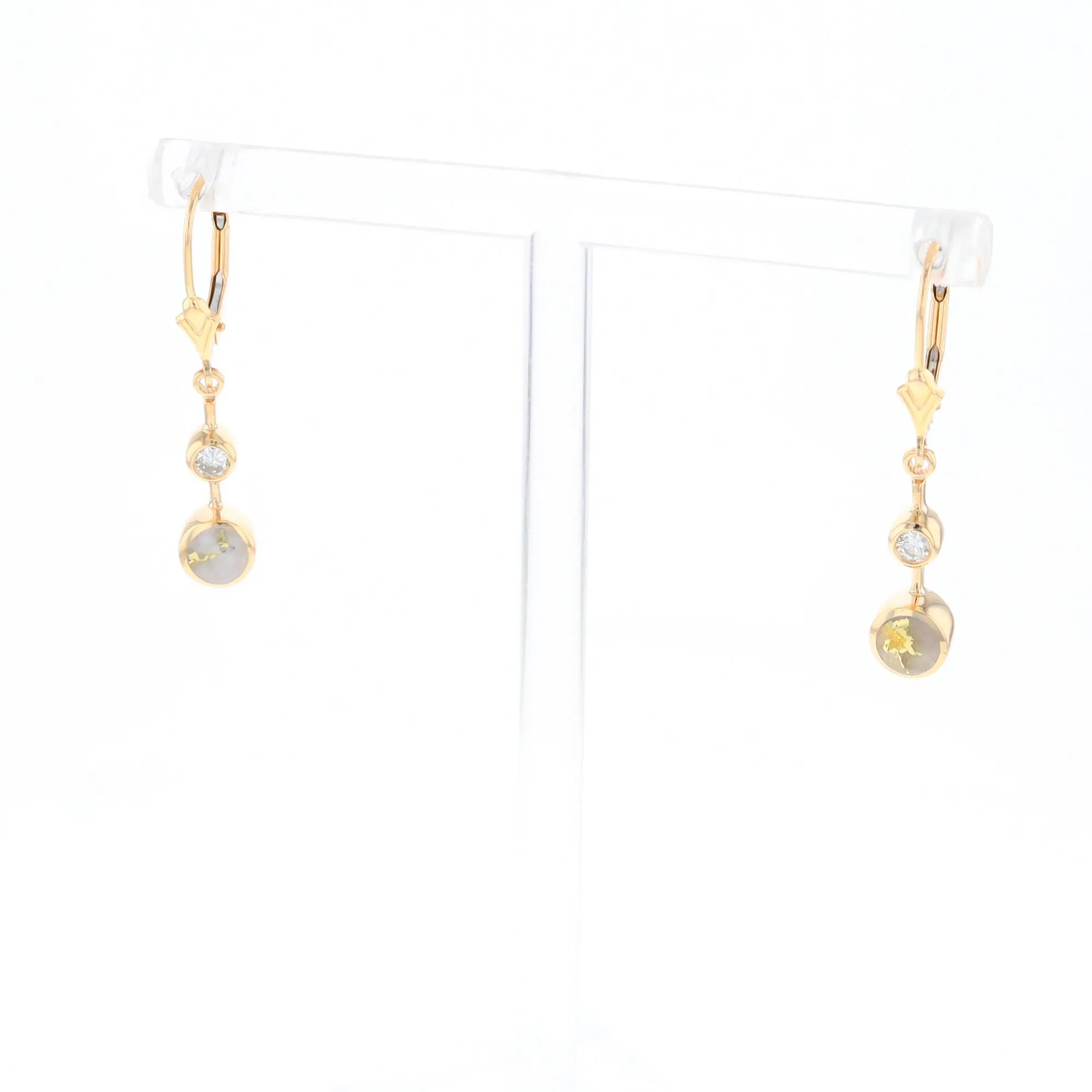 Gold Quartz Earrings Circle Shape Inlaid with .20ctw Diamonds Lever Backs