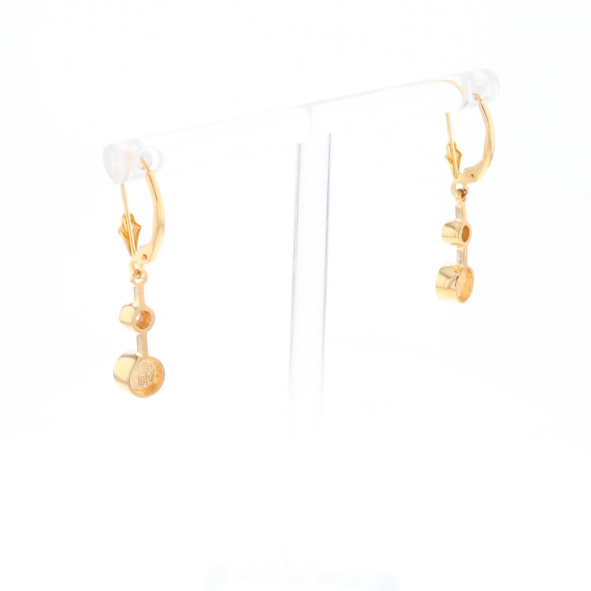 Gold Quartz Earrings Circle Shape Inlaid with .20ctw Diamonds Lever Backs
