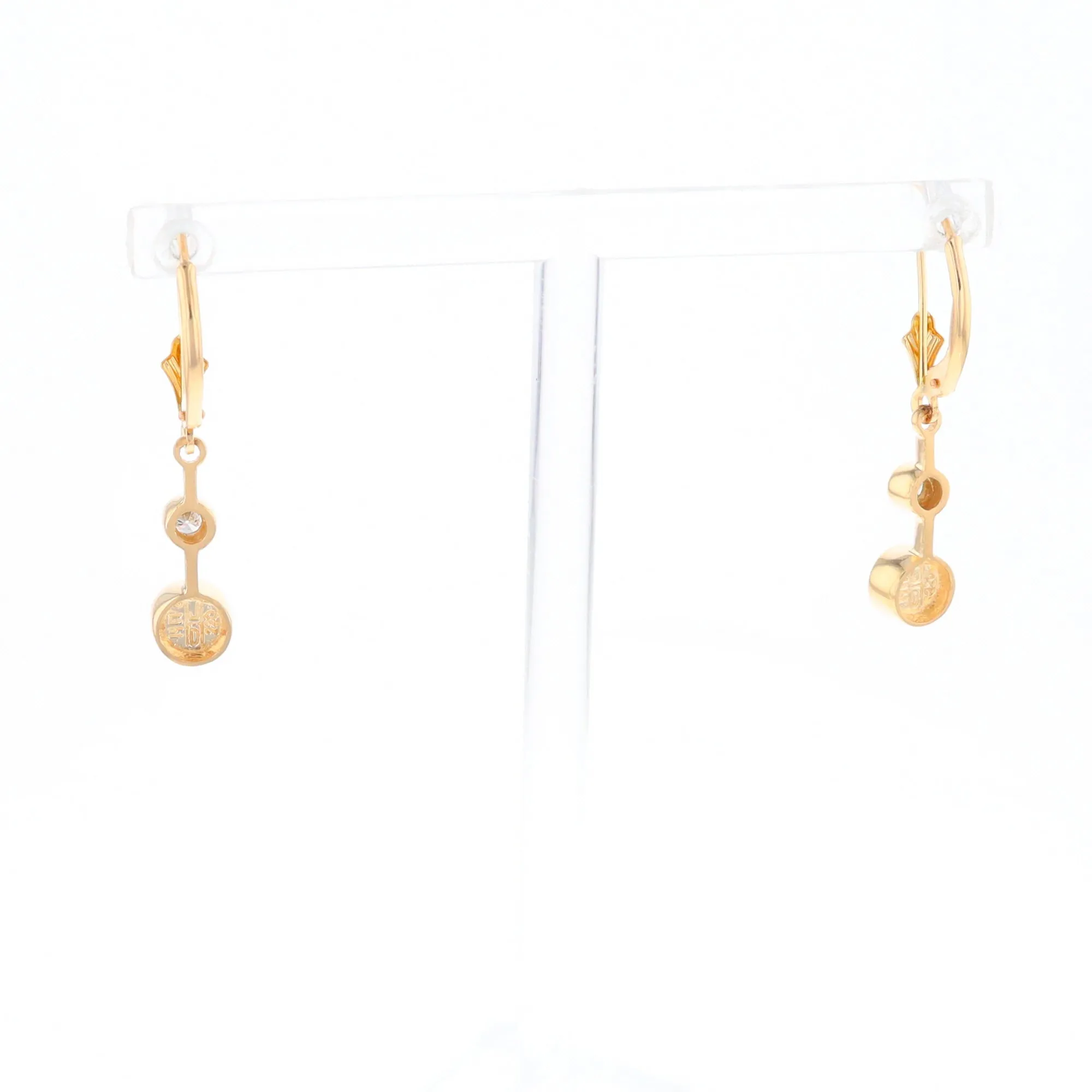 Gold Quartz Earrings Circle Shape Inlaid with .20ctw Diamonds Lever Backs