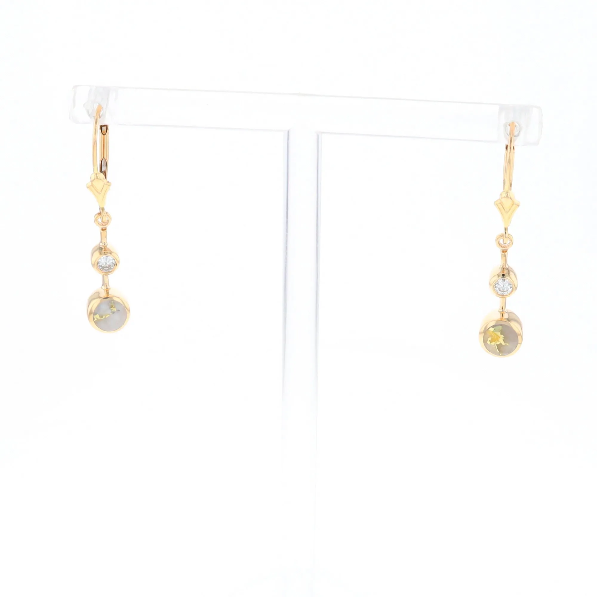 Gold Quartz Earrings Circle Shape Inlaid with .20ctw Diamonds Lever Backs