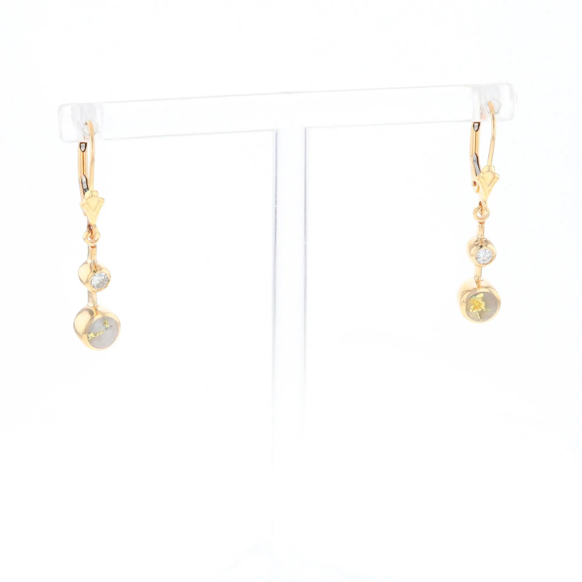 Gold Quartz Earrings Circle Shape Inlaid with .20ctw Diamonds Lever Backs
