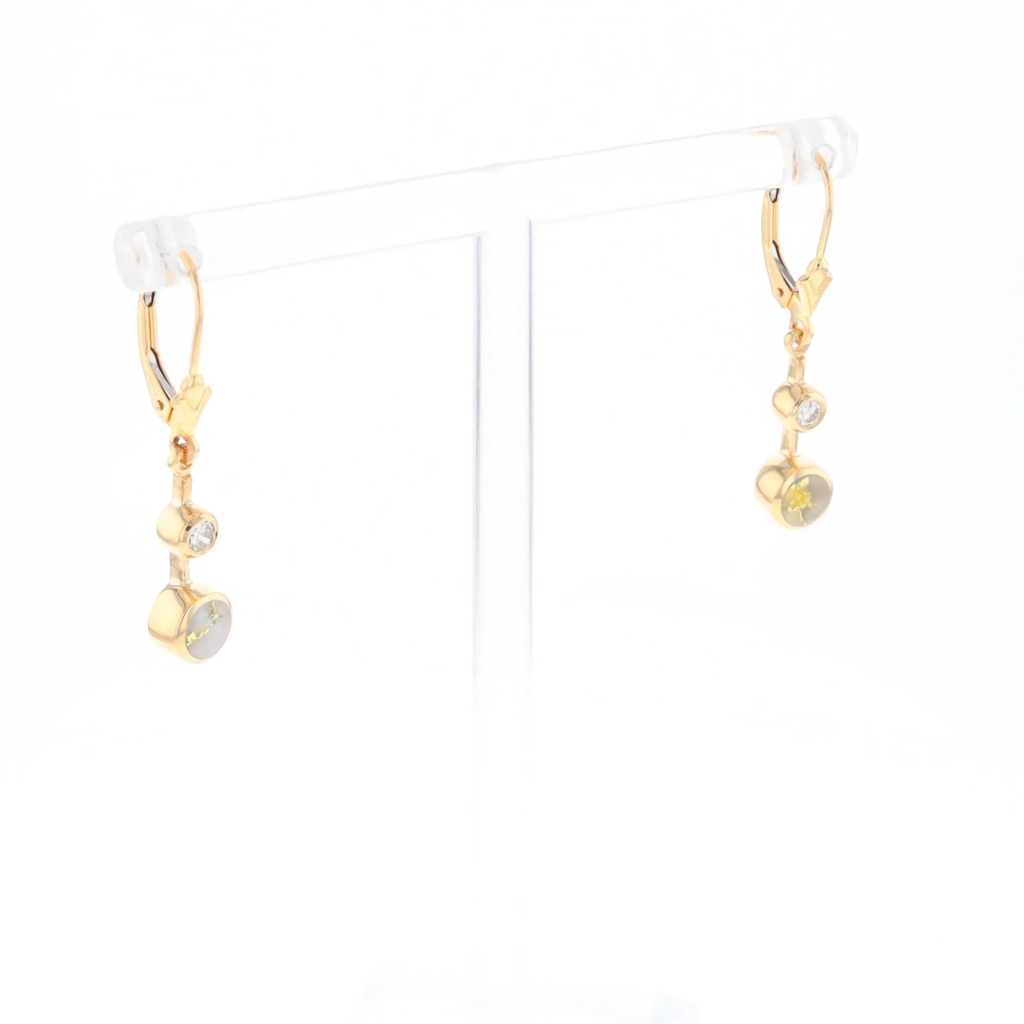 Gold Quartz Earrings Circle Shape Inlaid with .20ctw Diamonds Lever Backs
