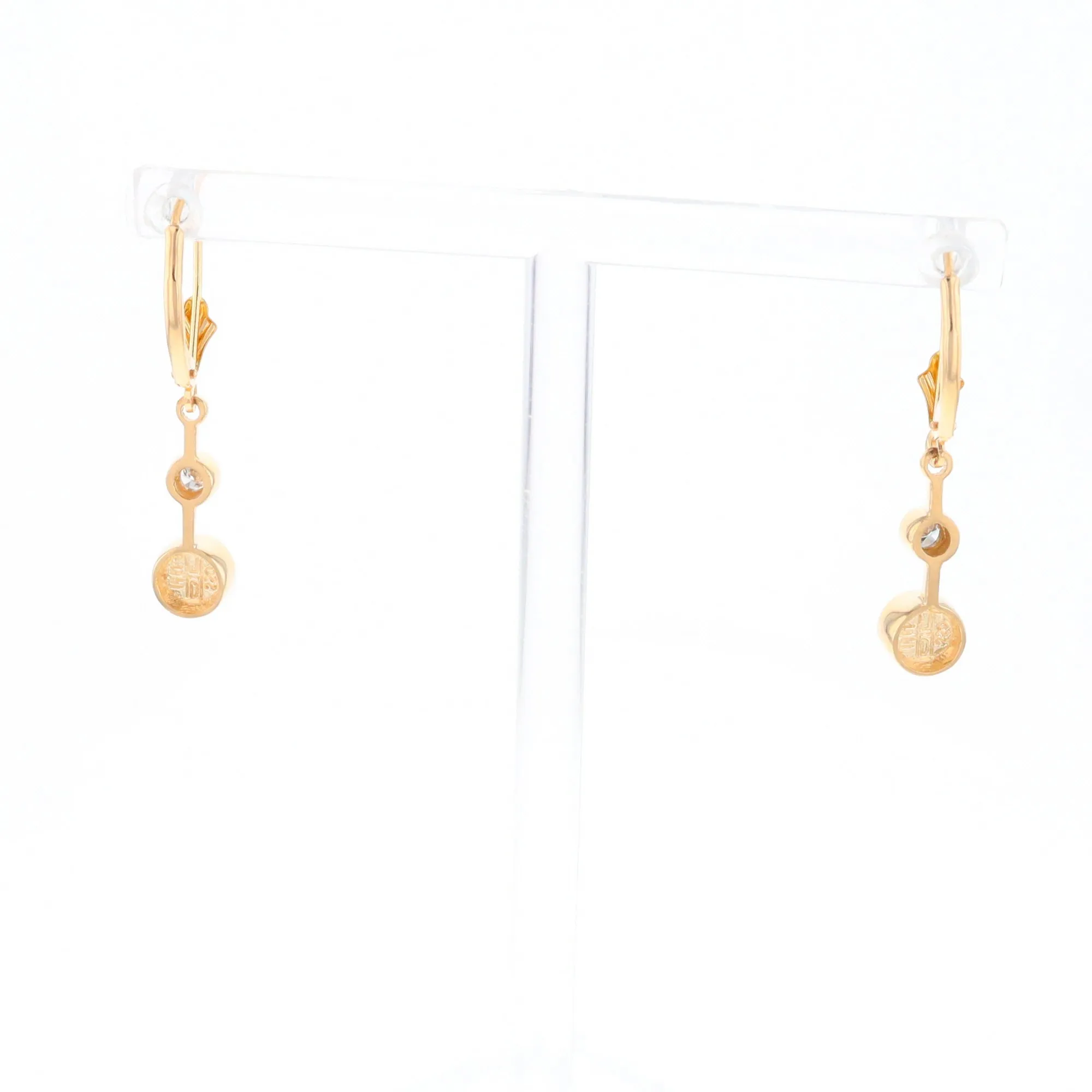 Gold Quartz Earrings Circle Shape Inlaid with .20ctw Diamonds Lever Backs