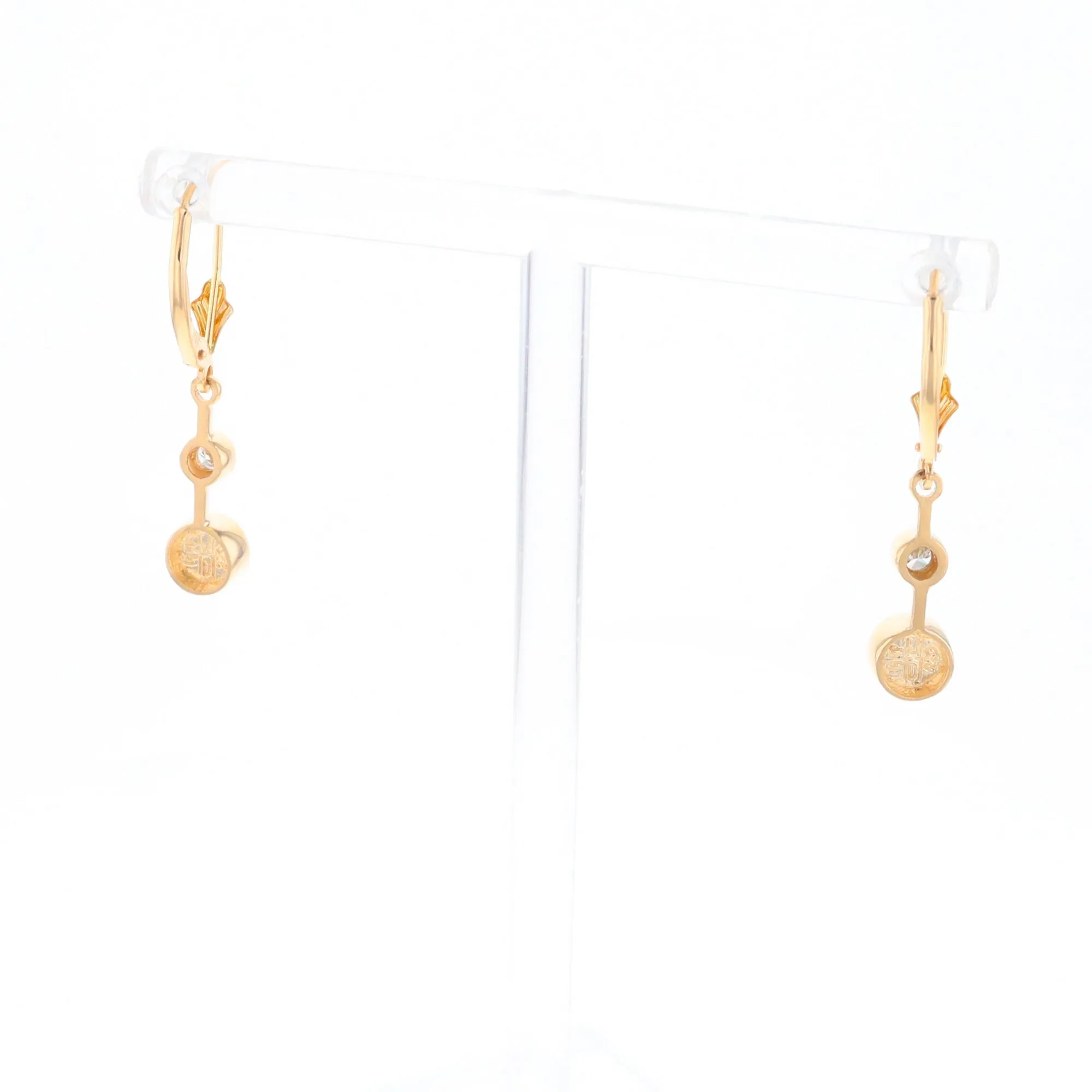 Gold Quartz Earrings Circle Shape Inlaid with .20ctw Diamonds Lever Backs