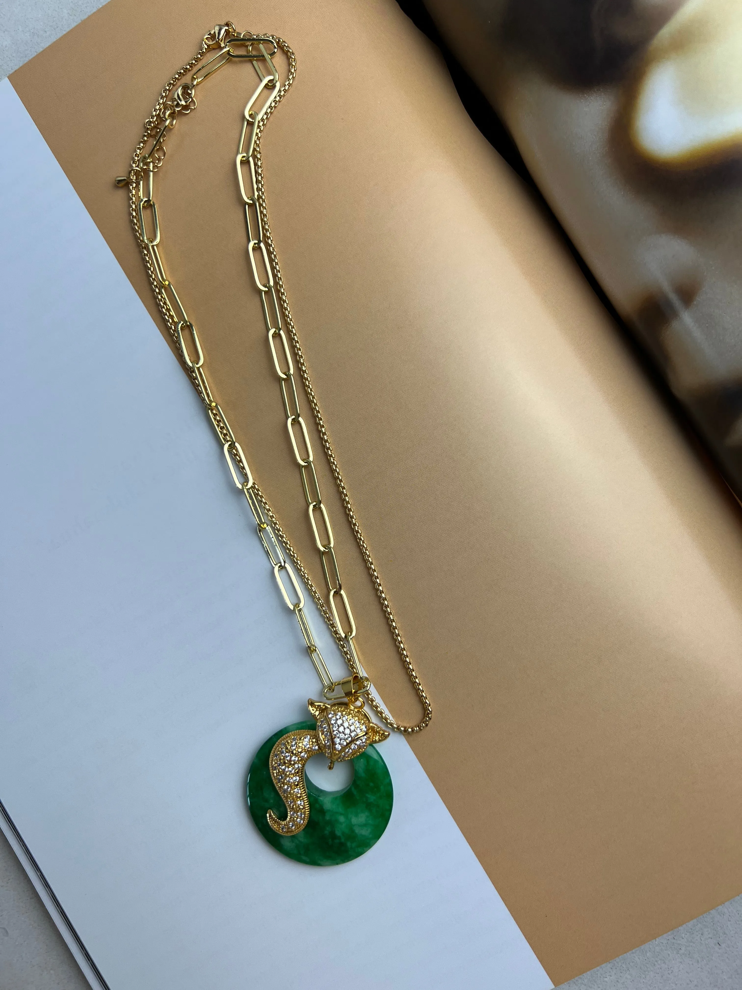 Green Lucky Donut Jade Fox Gold Pendant Necklace