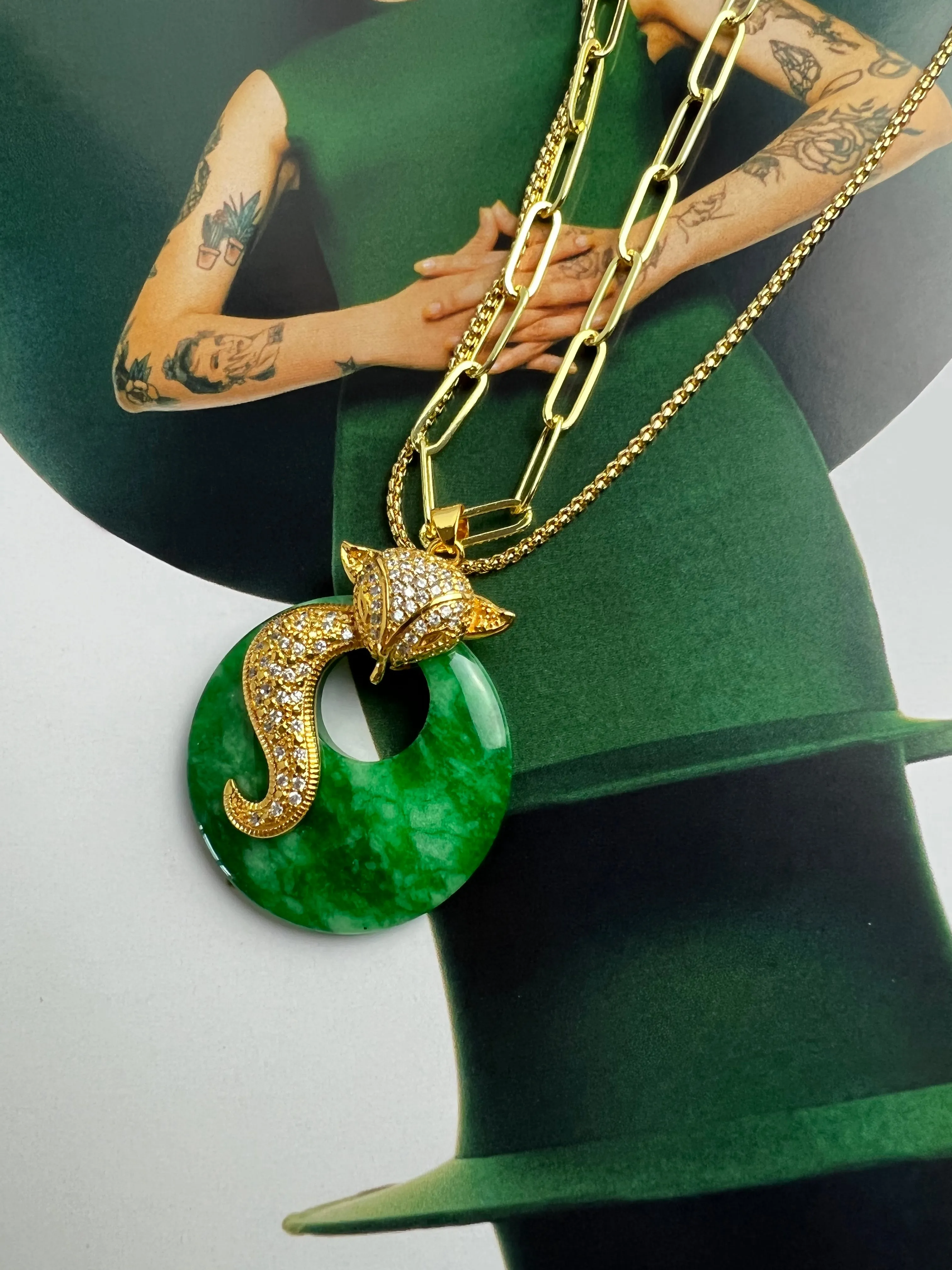 Green Lucky Donut Jade Fox Gold Pendant Necklace