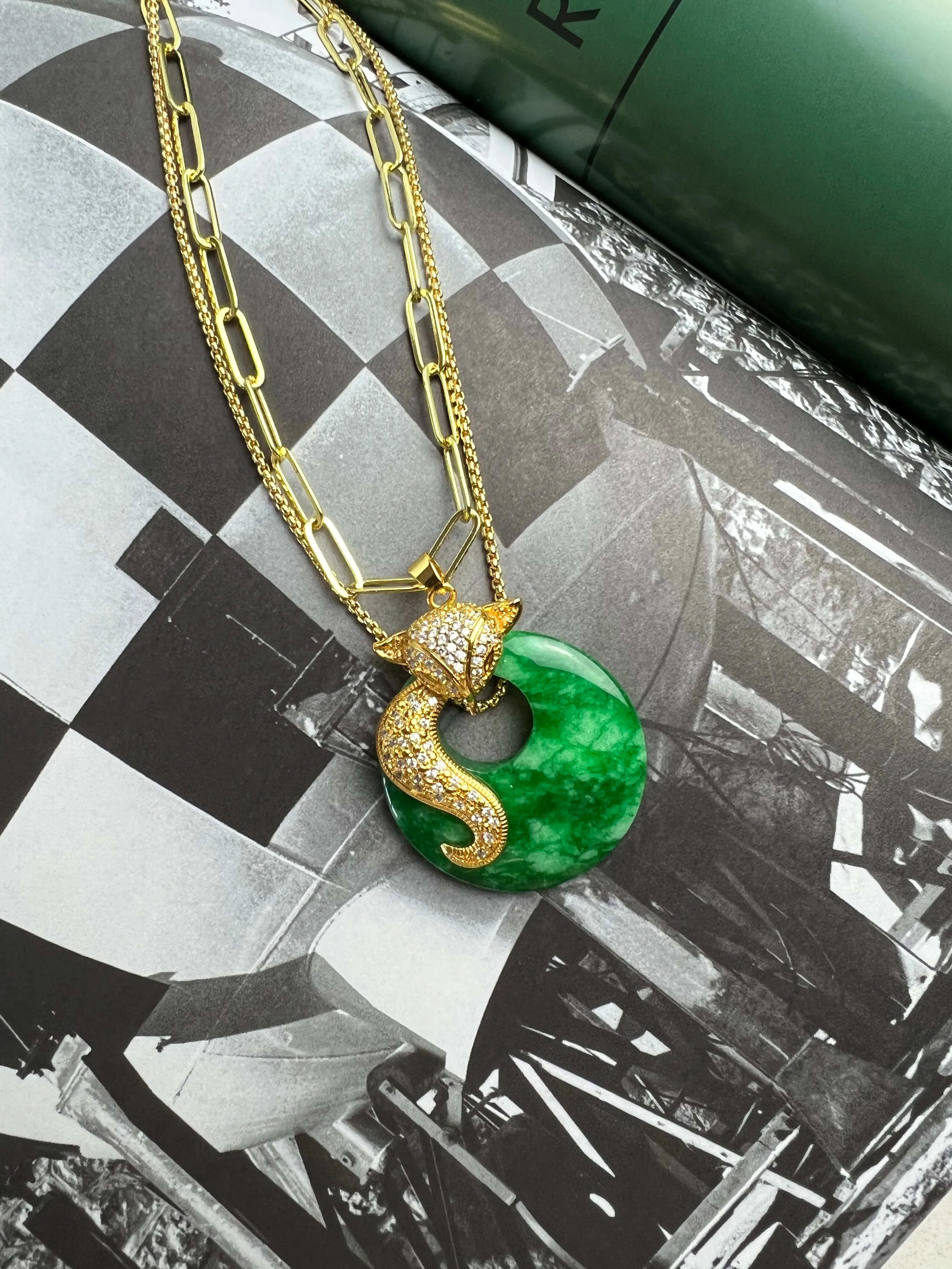 Green Lucky Donut Jade Fox Gold Pendant Necklace
