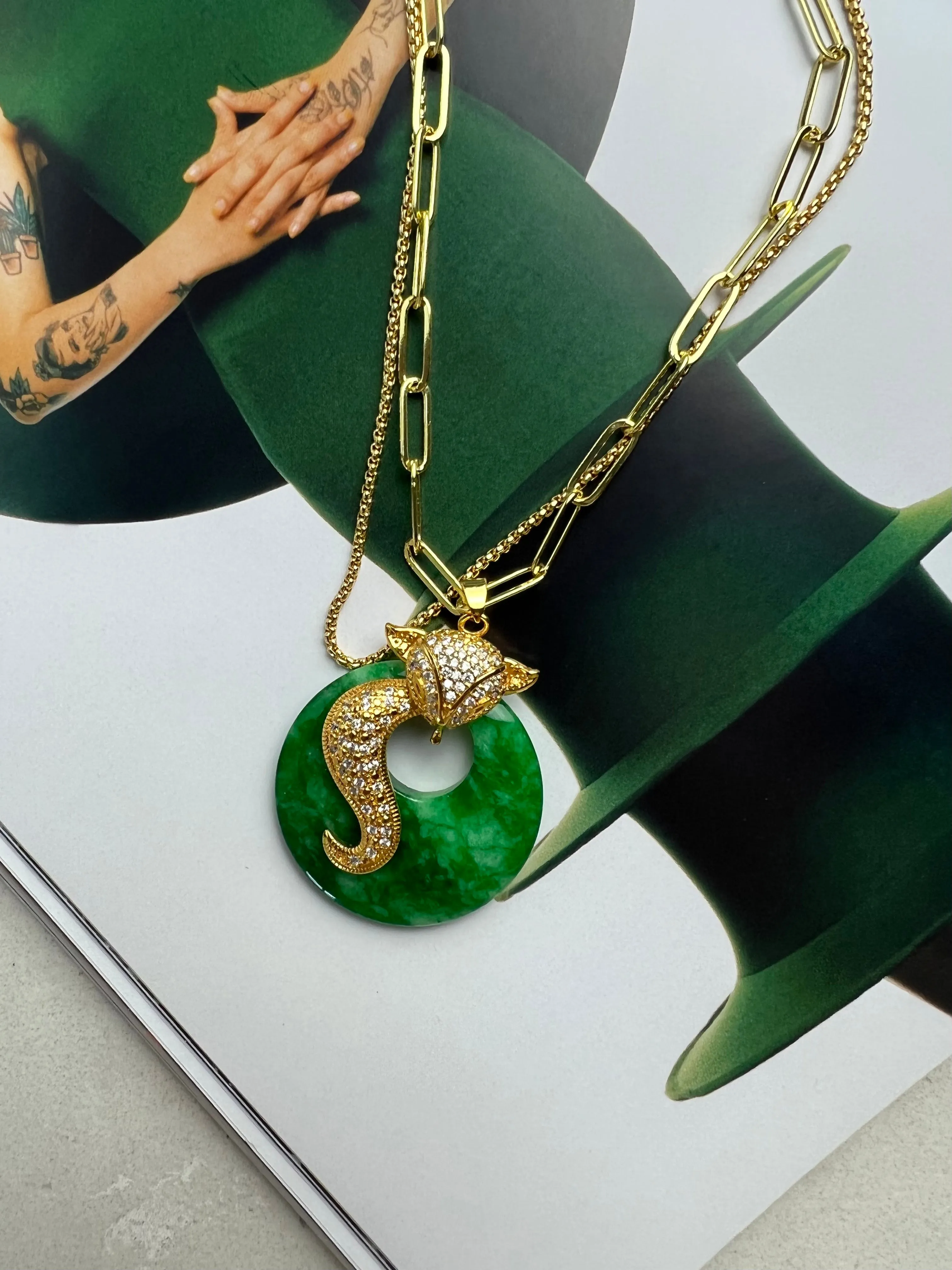 Green Lucky Donut Jade Fox Gold Pendant Necklace