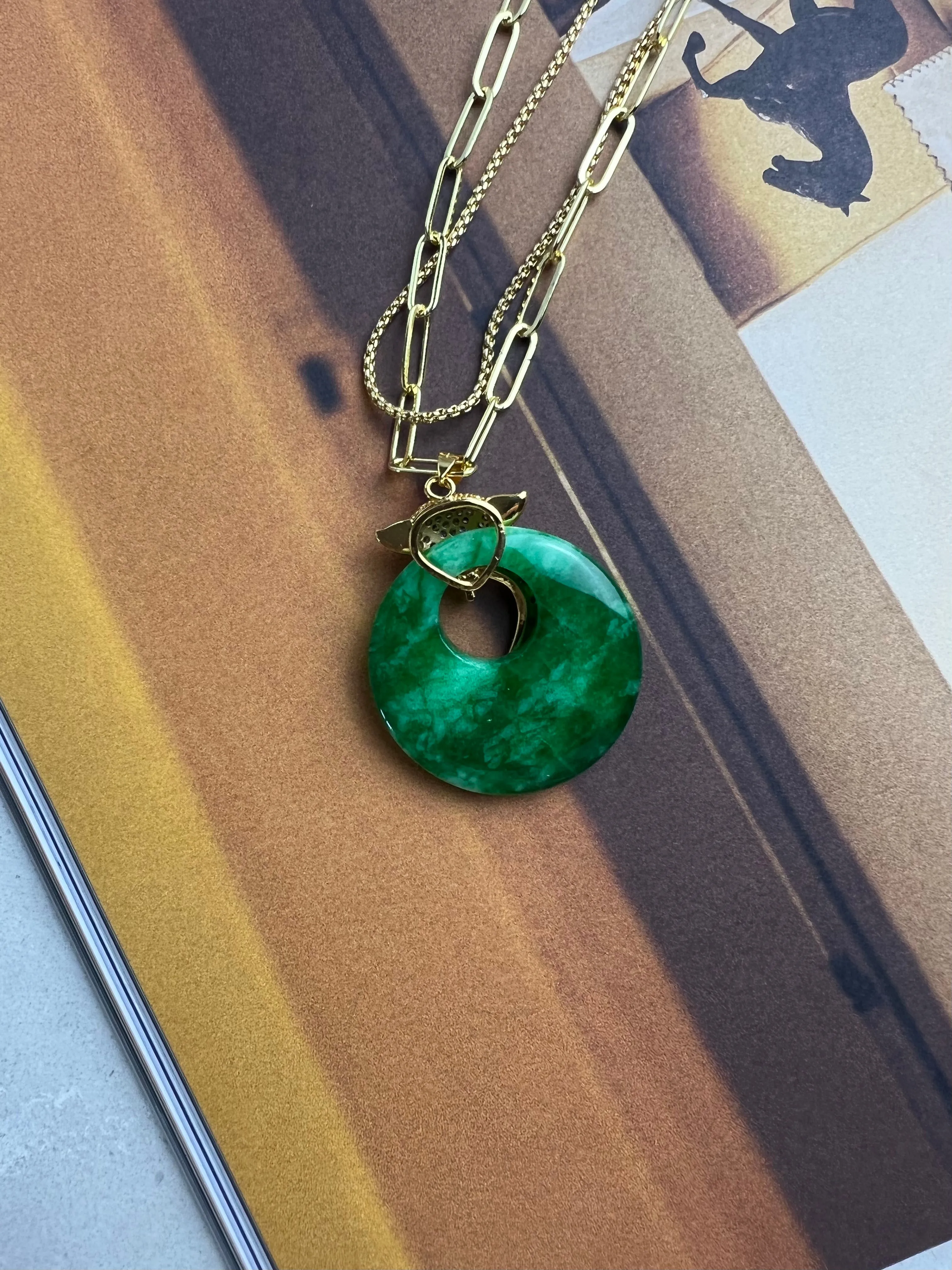 Green Lucky Donut Jade Fox Gold Pendant Necklace