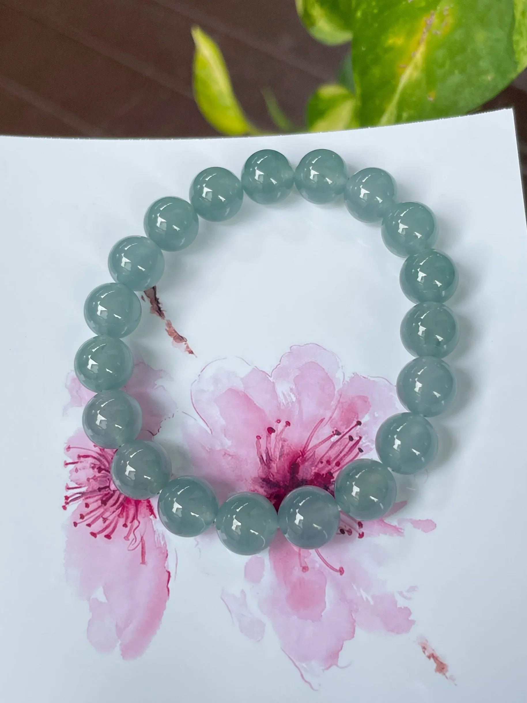 Greenish Blue Jade Bracelet - Round Beads (NJBA111)