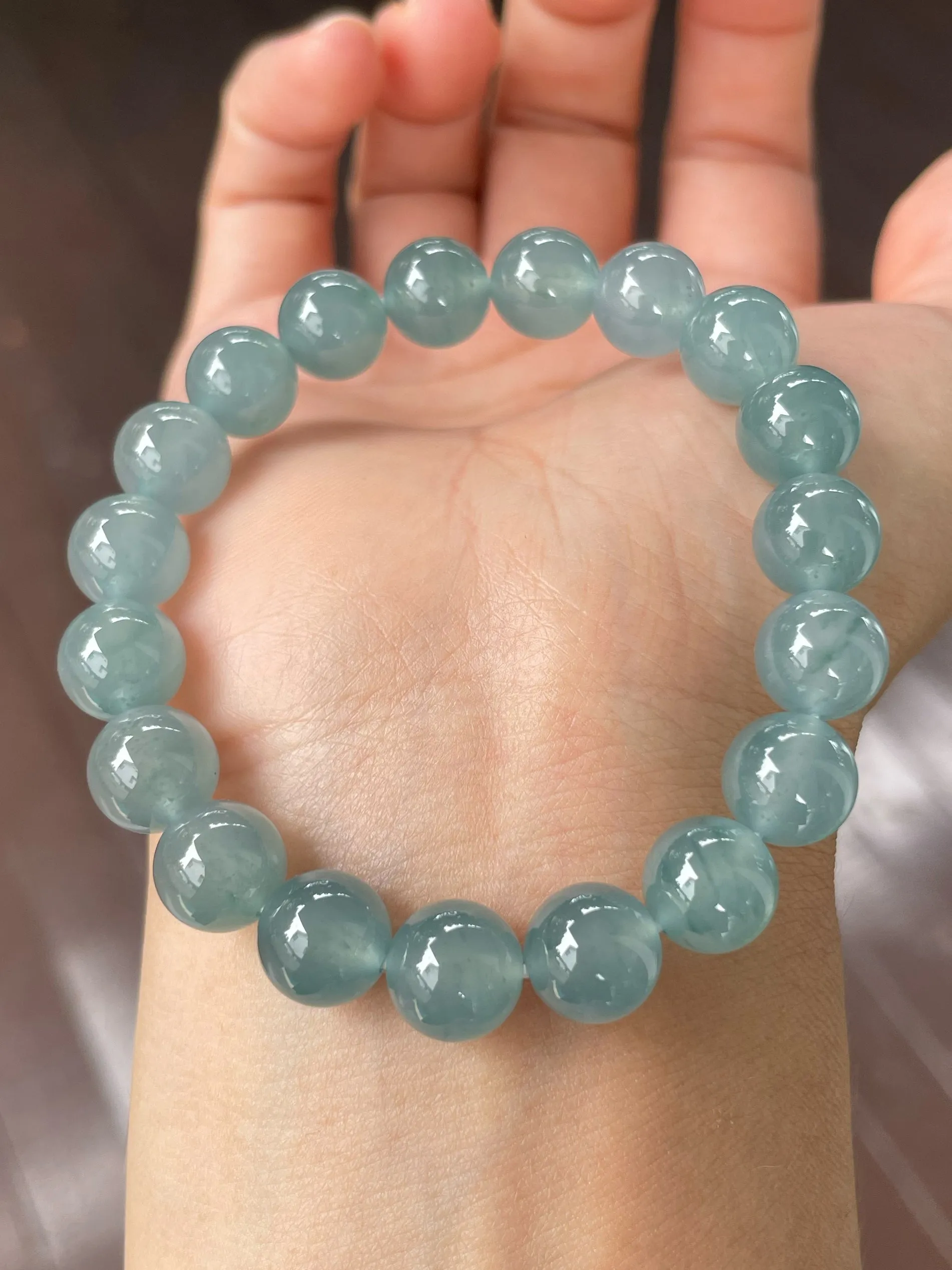 Greenish Blue Jade Bracelet - Round Beads (NJBA111)