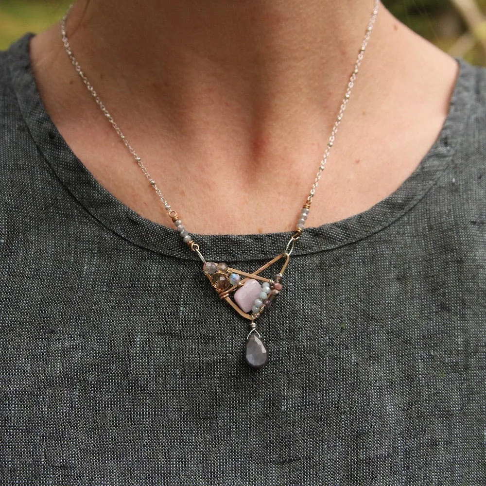 Hand Formed Bronze Crossed Triangle Chocolate Moonstone Necklace