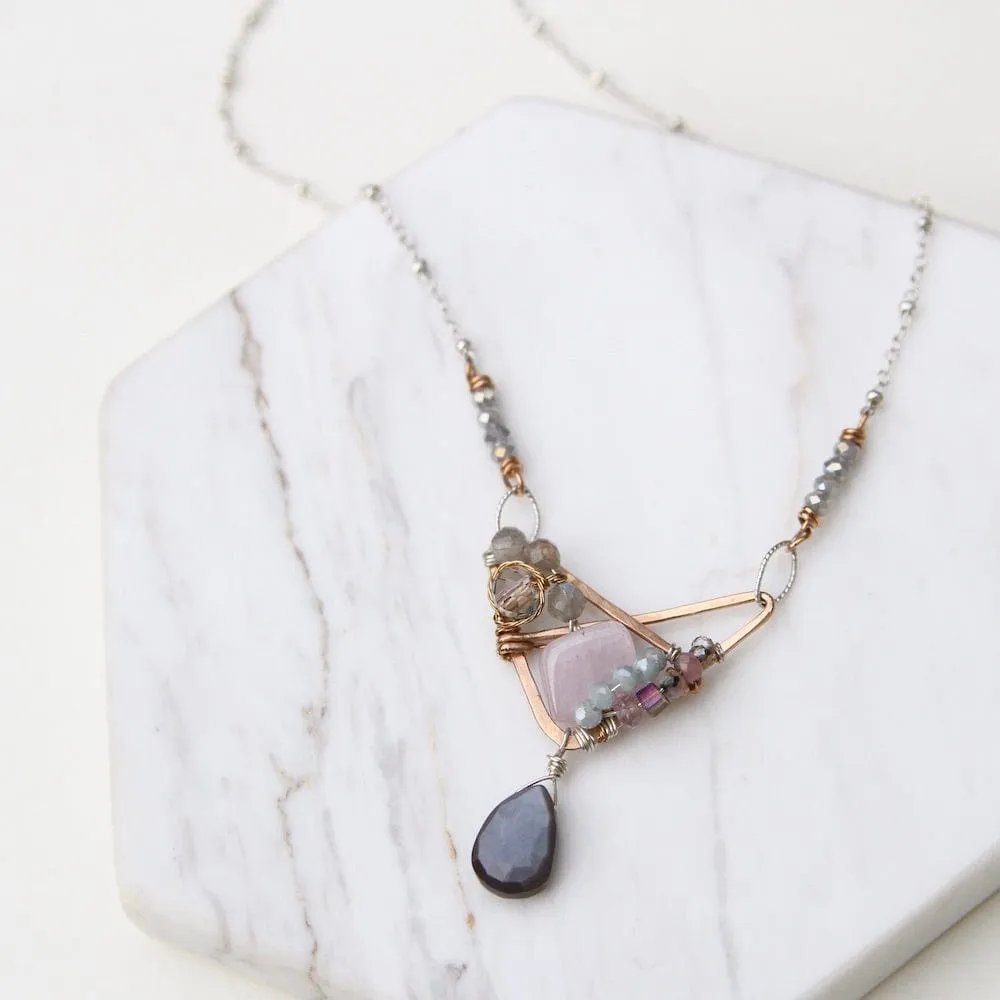 Hand Formed Bronze Crossed Triangle Chocolate Moonstone Necklace