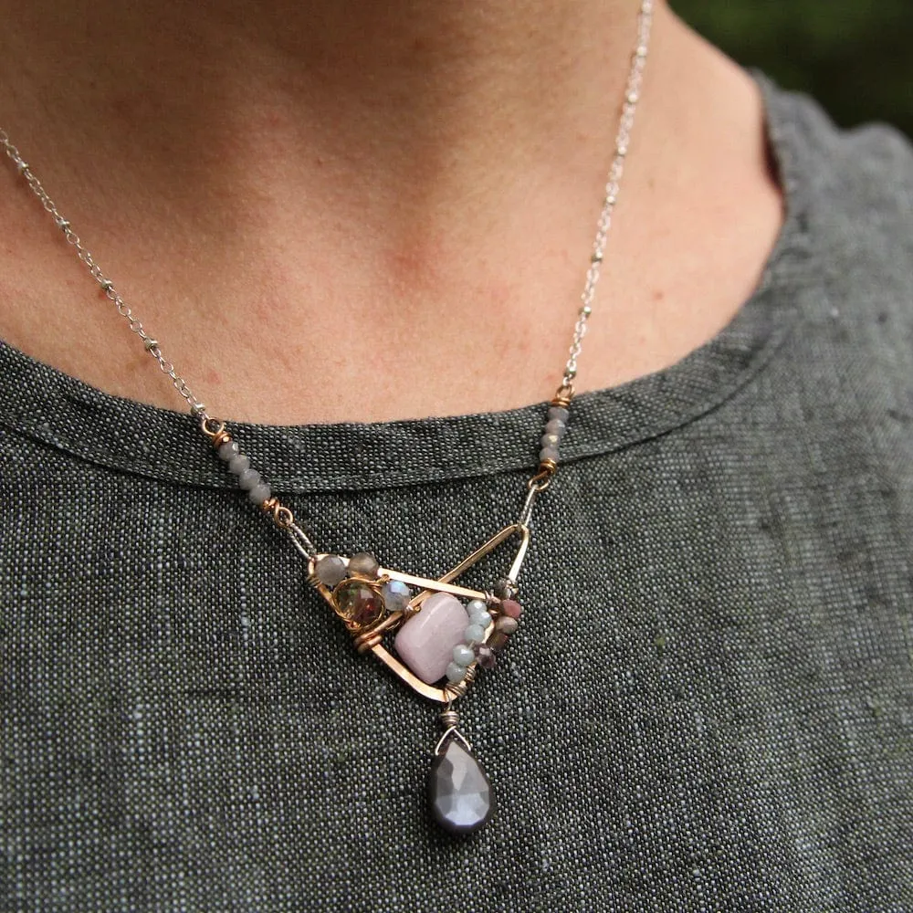 Hand Formed Bronze Crossed Triangle Chocolate Moonstone Necklace