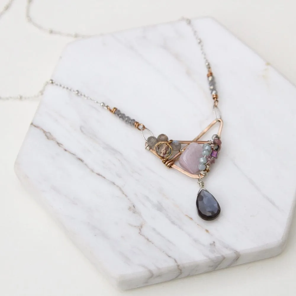 Hand Formed Bronze Crossed Triangle Chocolate Moonstone Necklace
