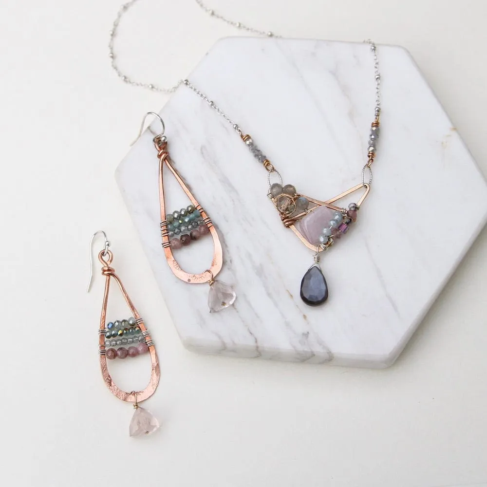 Hand Formed Bronze Crossed Triangle Chocolate Moonstone Necklace