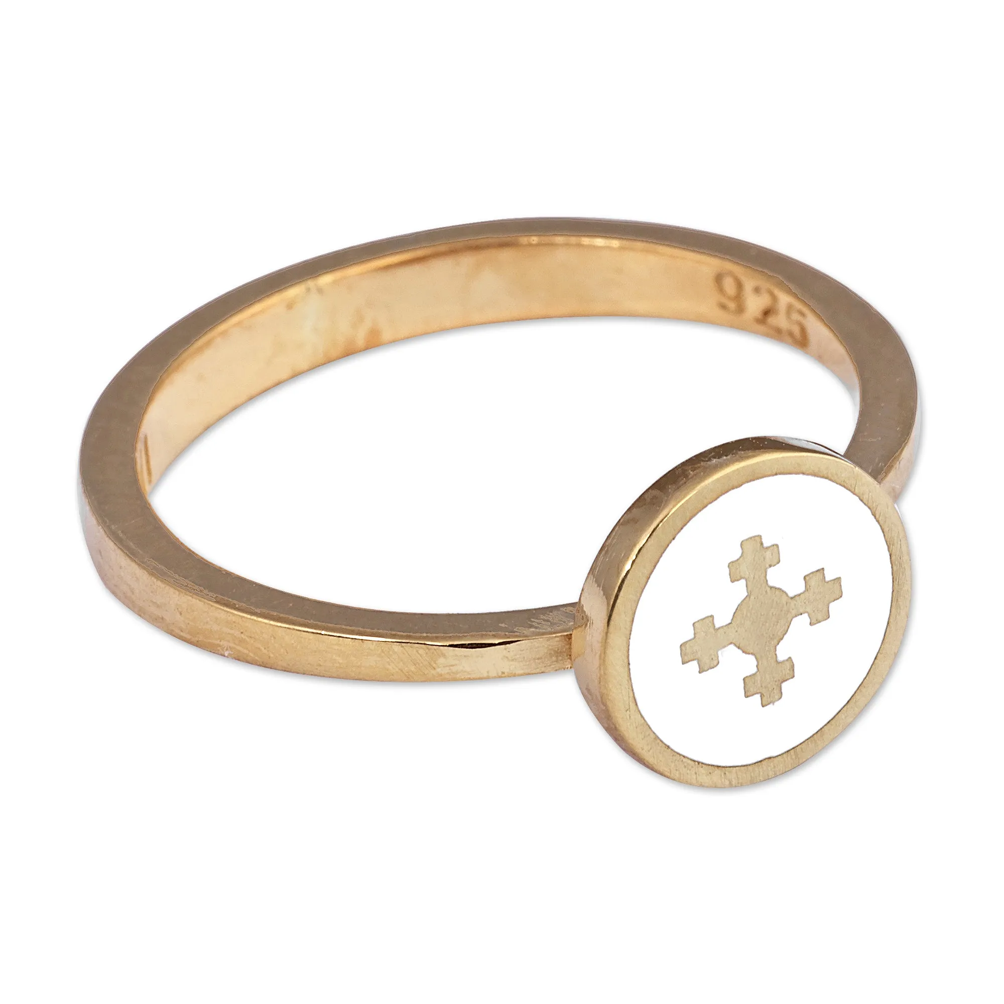 Hand-Painted White 18k Gold-Plated Marash Cocktail Ring - Marash Heaven | NOVICA