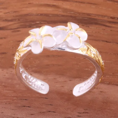 Hawaiian Scroll Two Tone Yellow Gold Plated Two 6mm Plumeria with Clear CZ Smooth Edge Toe Ring