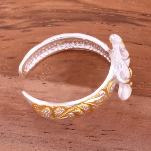 Hawaiian Scroll Two Tone Yellow Gold Plated Two 6mm Plumeria with Clear CZ Smooth Edge Toe Ring