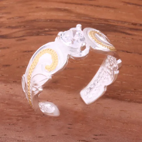 Hawaiian Scroll Two Tone Yellow Gold Plated with Clear Heart CZ Cut Out Edge Toe Ring