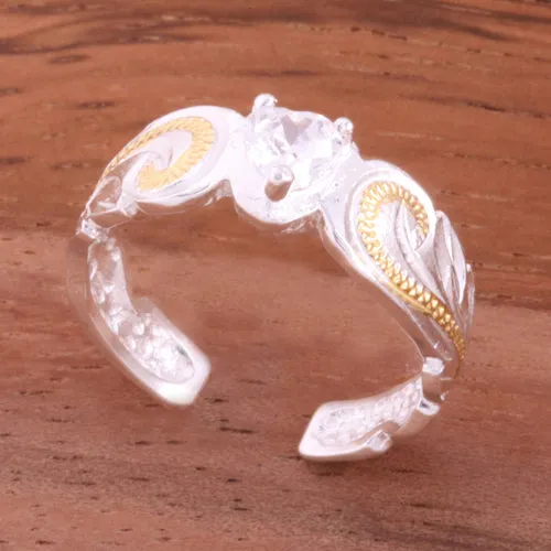 Hawaiian Scroll Two Tone Yellow Gold Plated with Clear Heart CZ Cut Out Edge Toe Ring