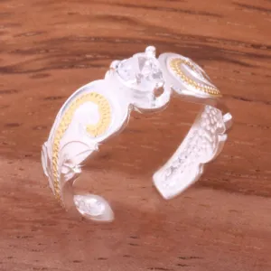Hawaiian Scroll Two Tone Yellow Gold Plated with Clear Heart CZ Cut Out Edge Toe Ring