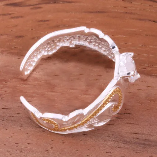 Hawaiian Scroll Two Tone Yellow Gold Plated with Clear Heart CZ Cut Out Edge Toe Ring