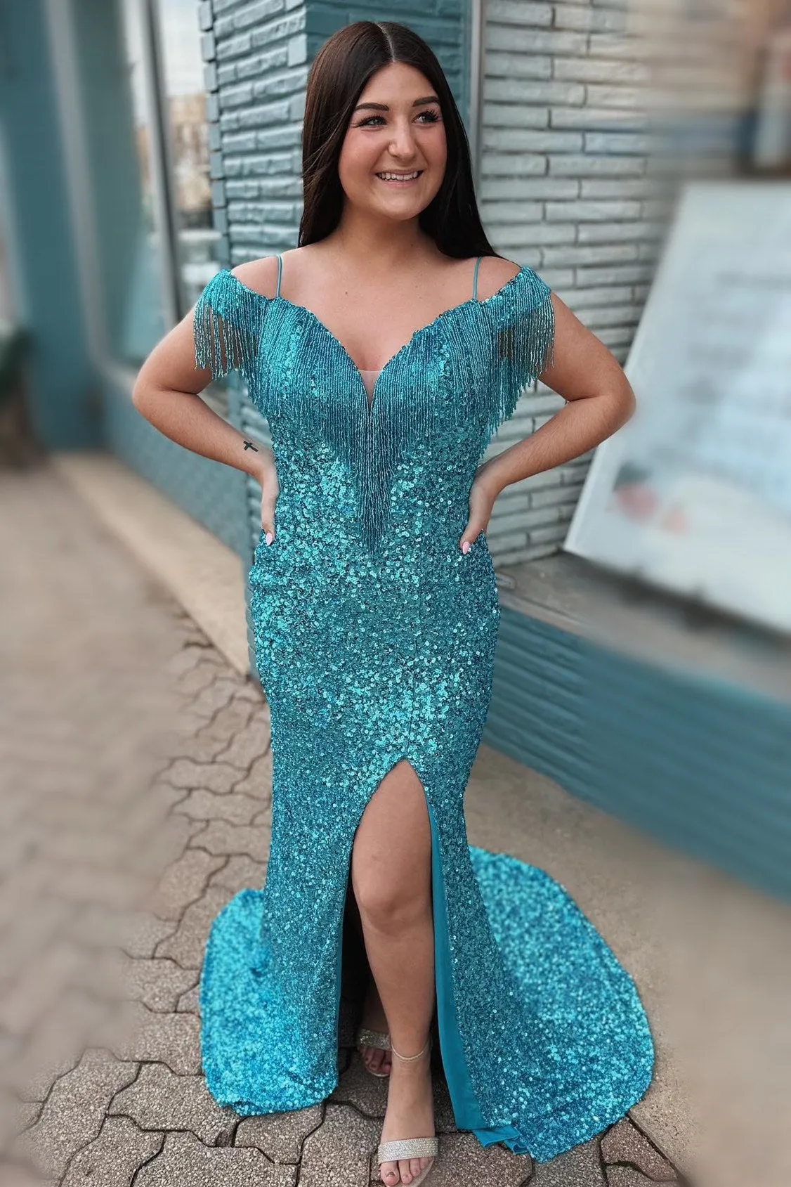 Ink Blue Sequins Tassels Cold Shouolder Long Prom Dress with Slit