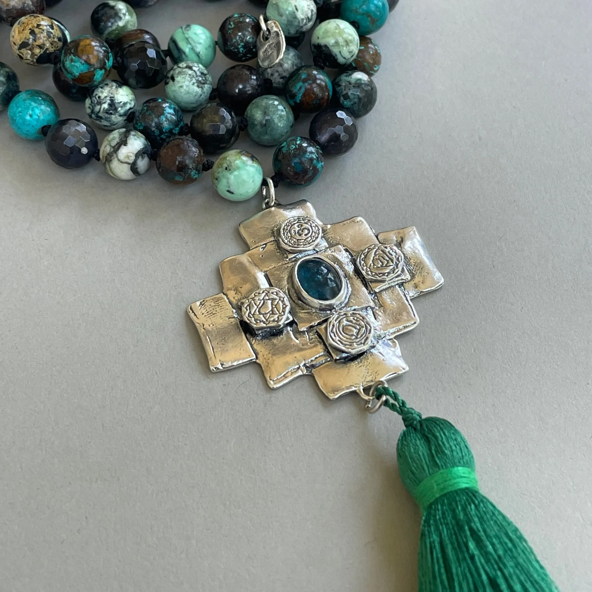 Iolite Chakana Cross Mala Bead Necklace
