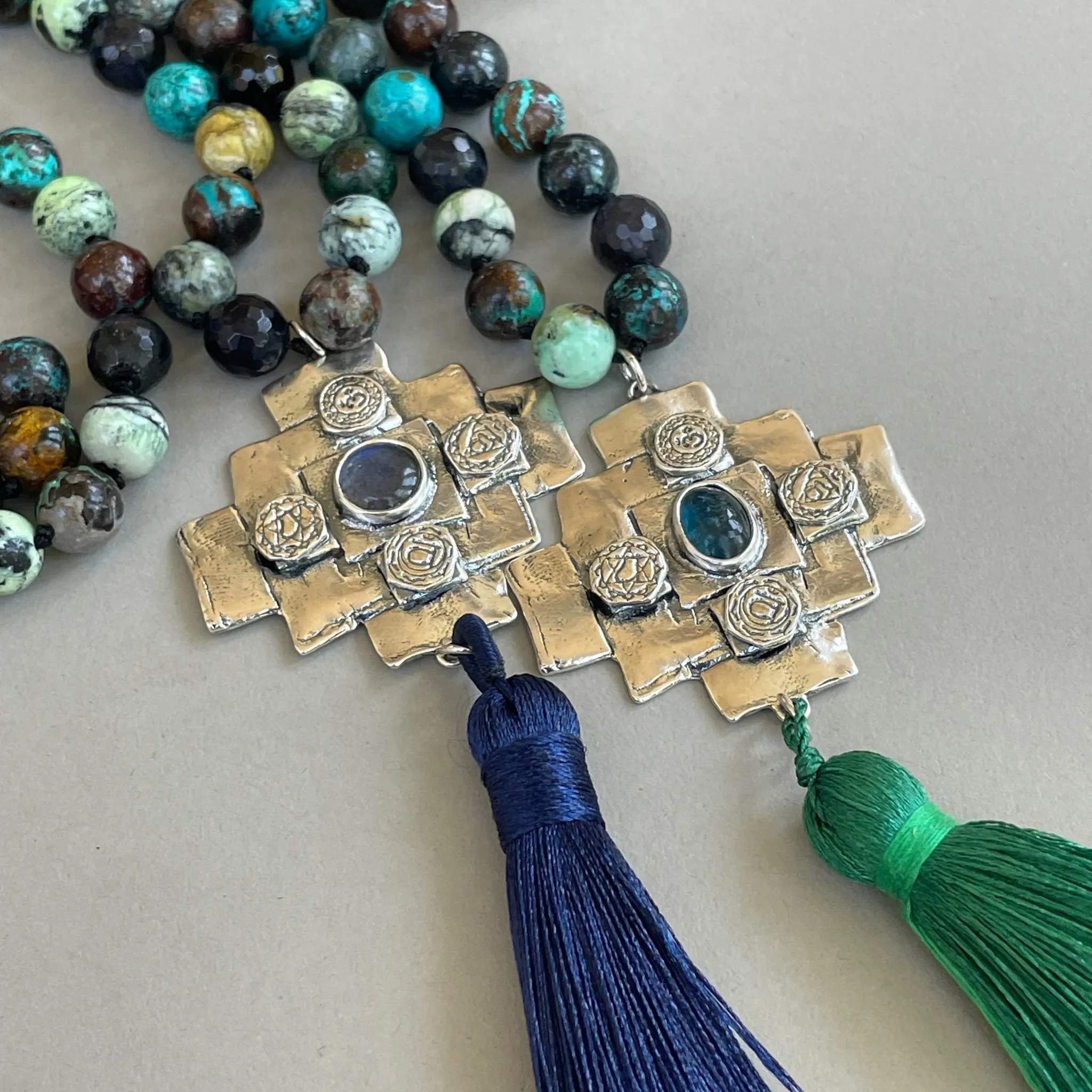 Iolite Chakana Cross Mala Bead Necklace