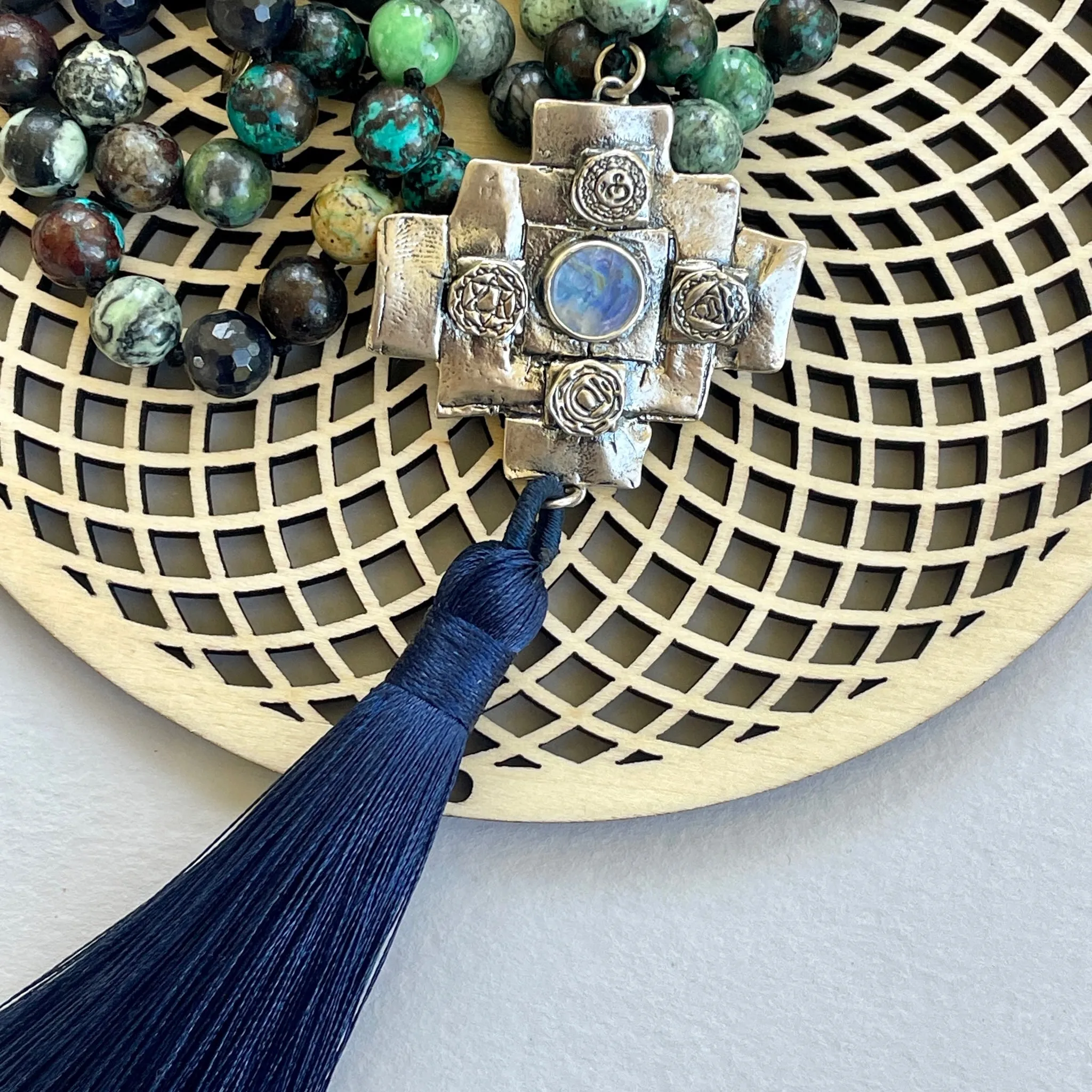 Iolite Chakana Cross Mala Bead Necklace