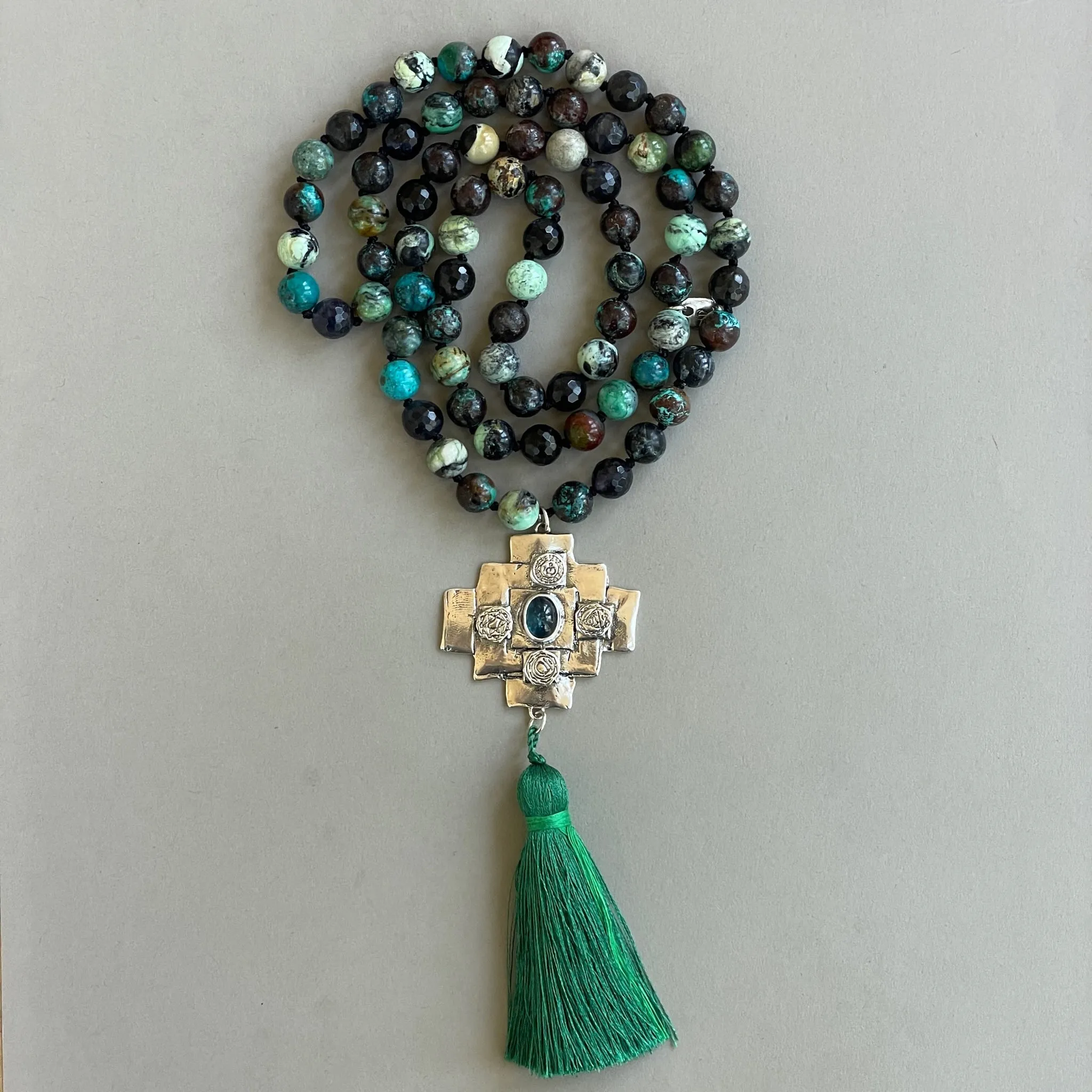 Iolite Chakana Cross Mala Bead Necklace