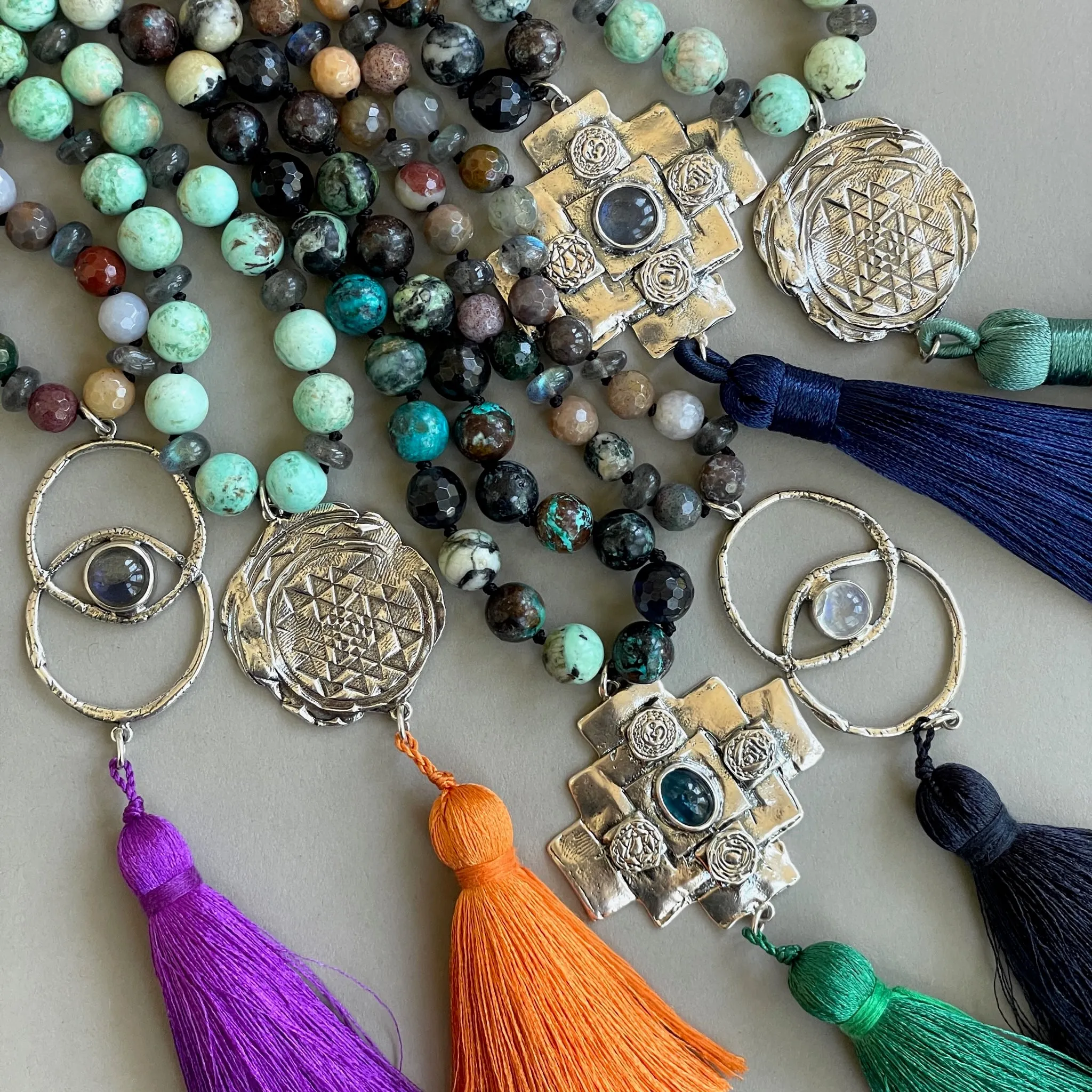 Iolite Chakana Cross Mala Bead Necklace