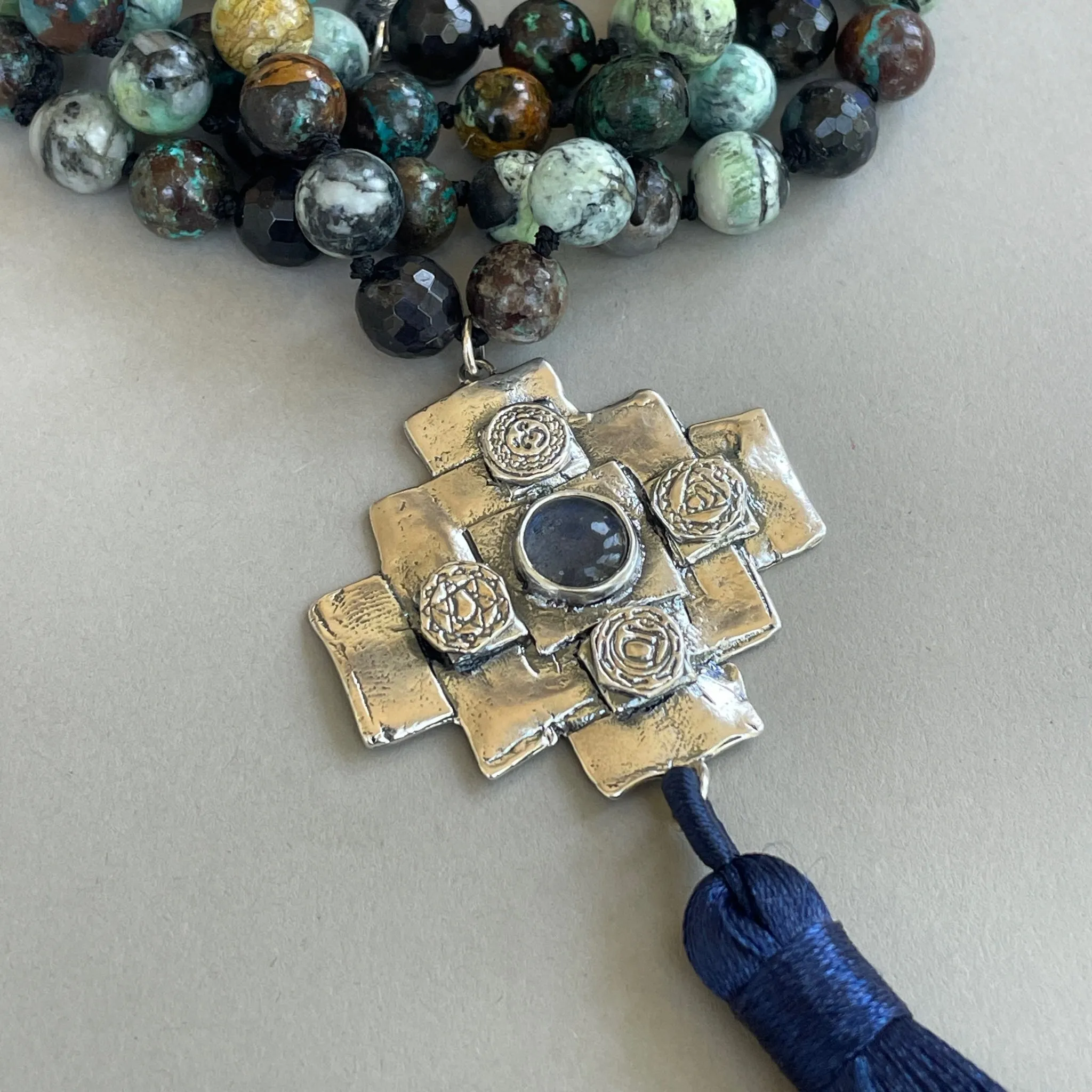 Iolite Chakana Cross Mala Bead Necklace