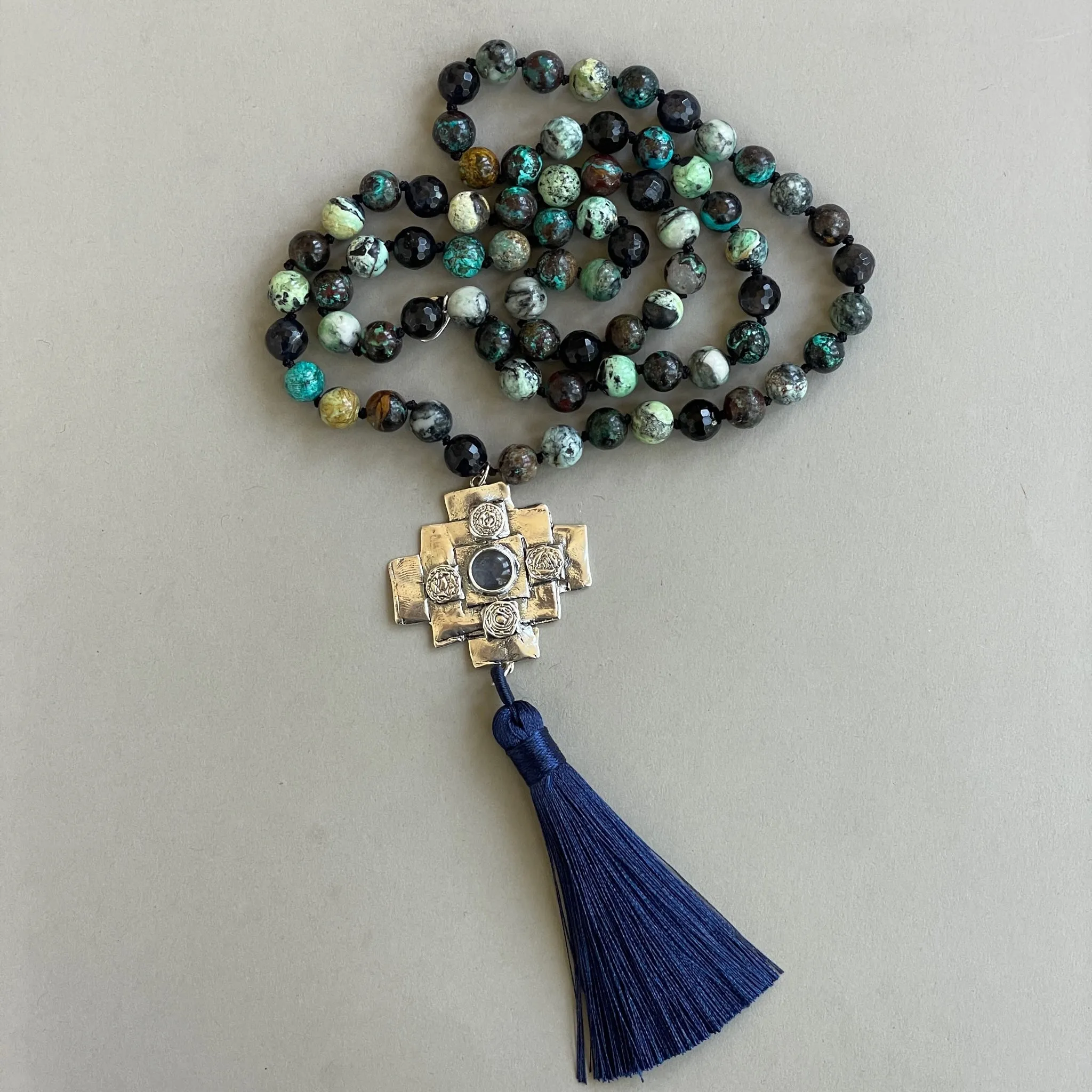 Iolite Chakana Cross Mala Bead Necklace