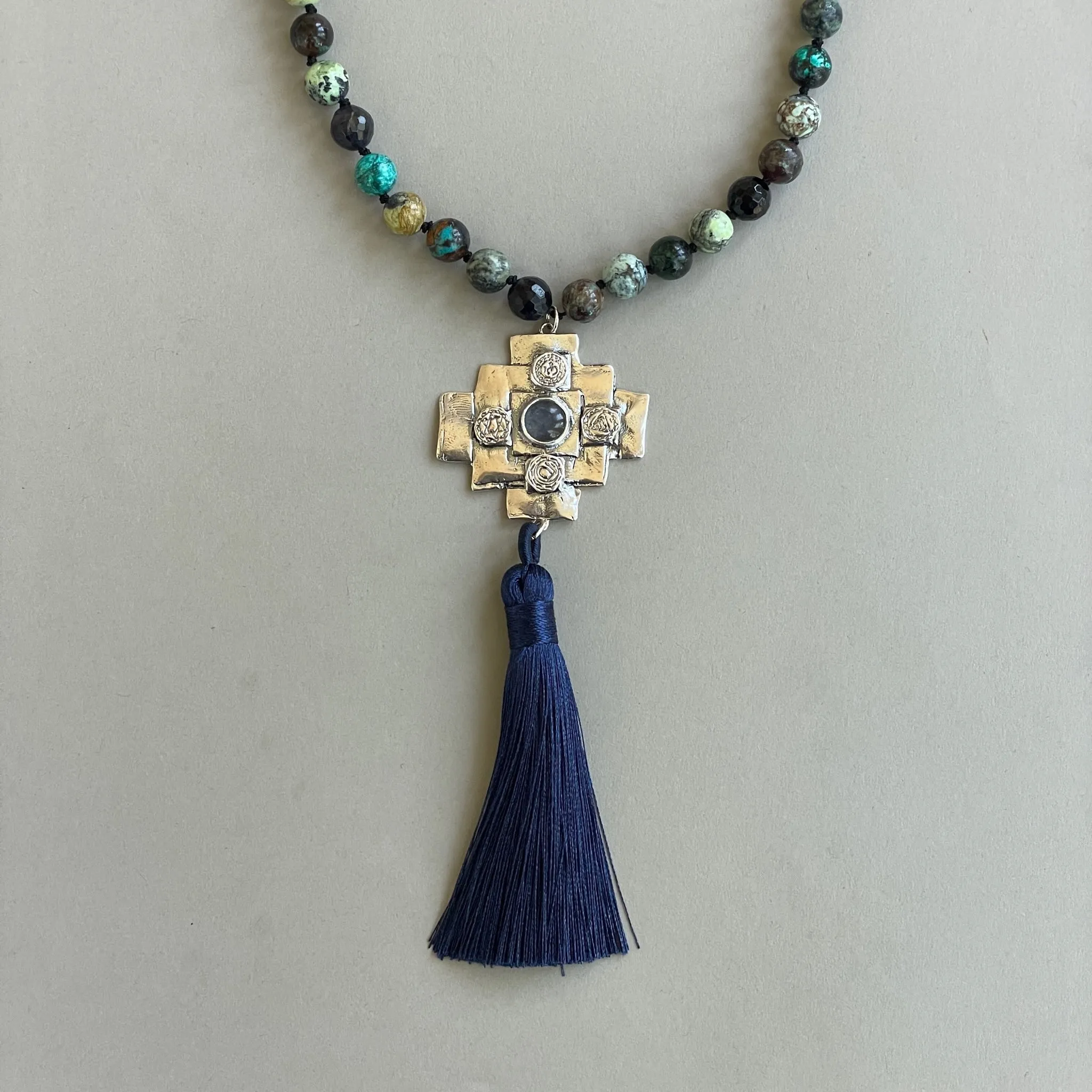 Iolite Chakana Cross Mala Bead Necklace