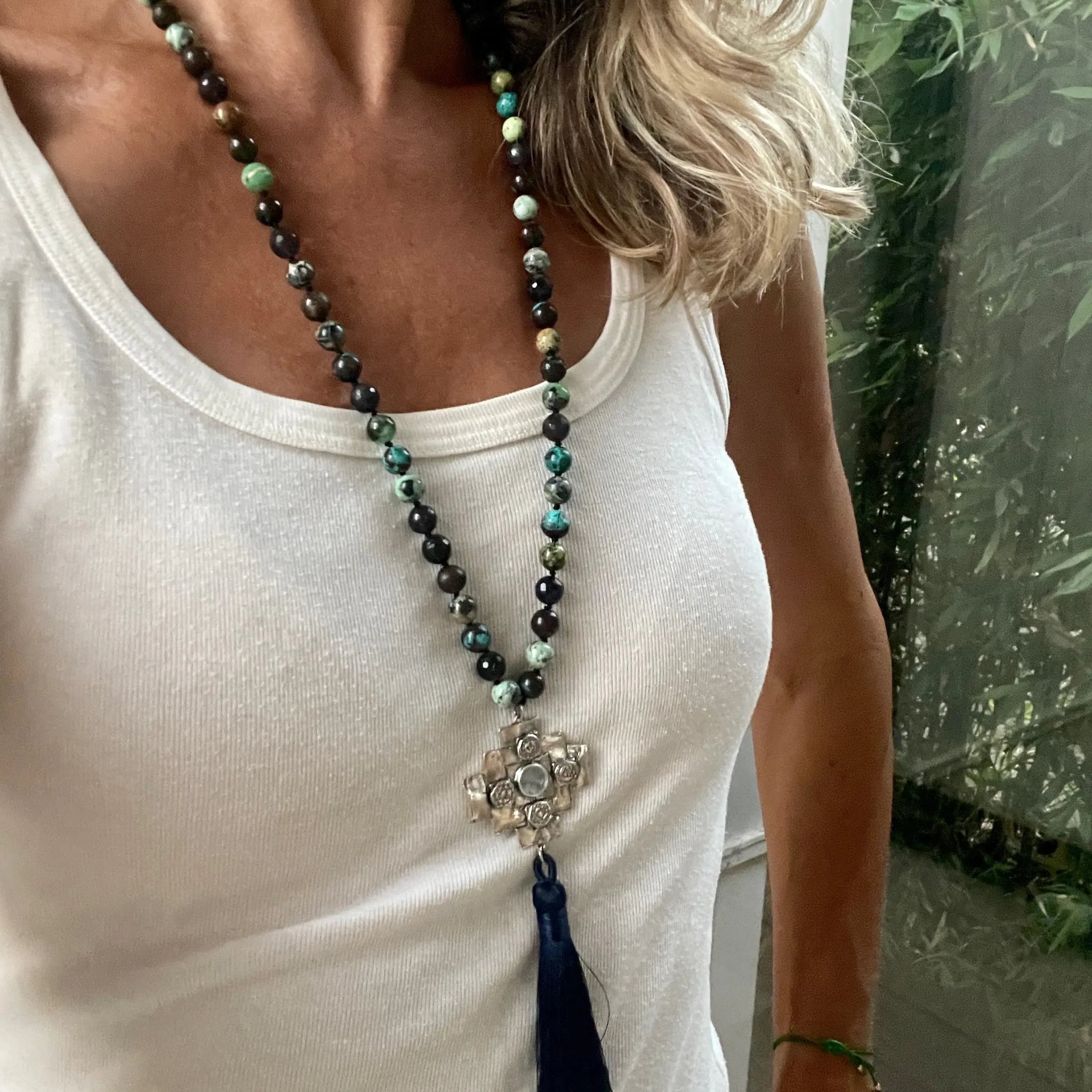 Iolite Chakana Cross Mala Bead Necklace