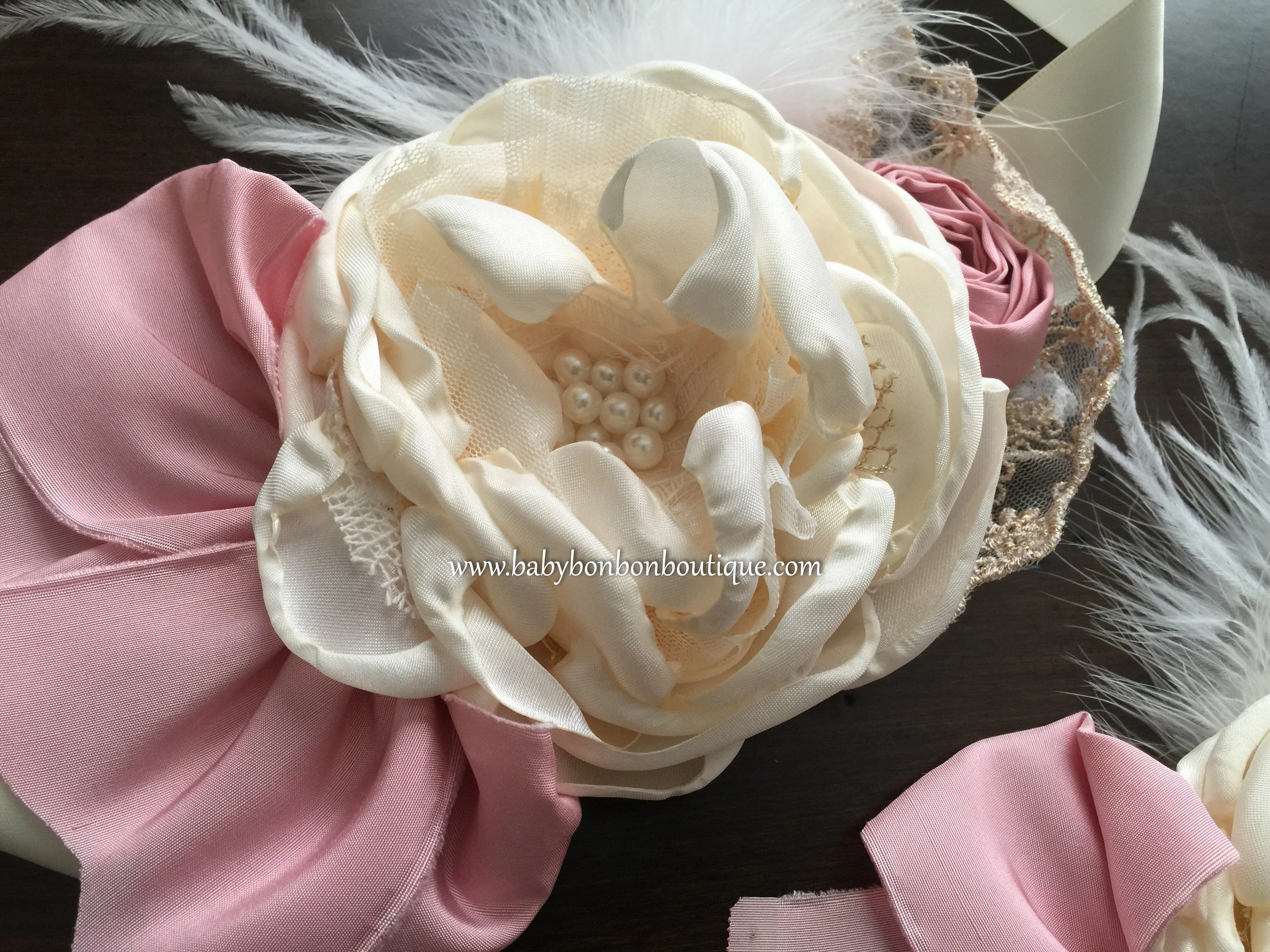 Ivory & Baby Pink Silk Baptism Headband and Sash