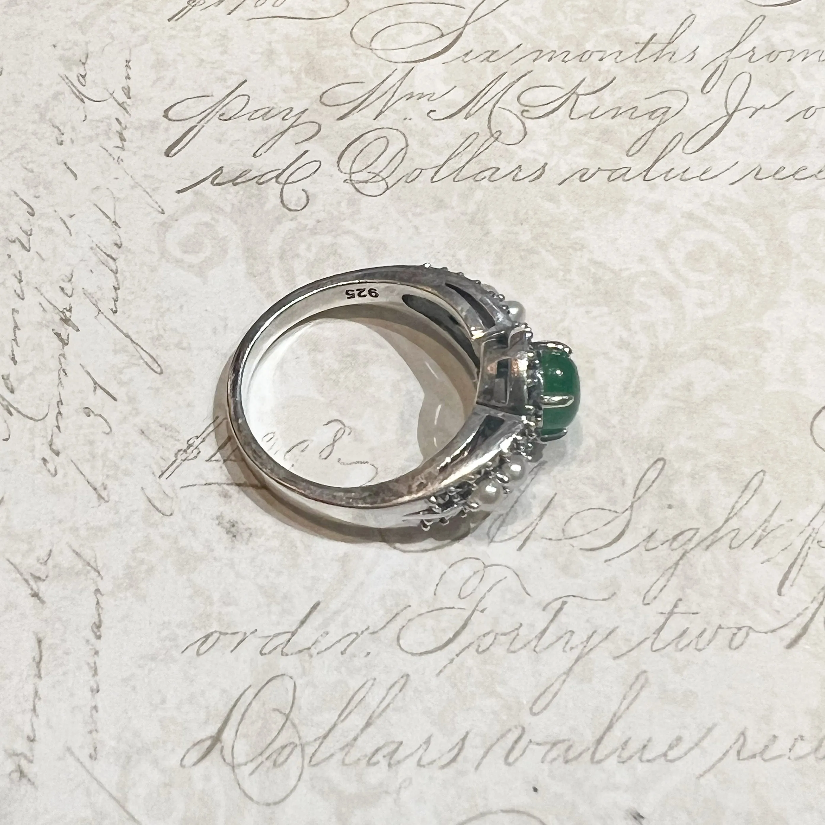 Jade Pearl Ring in Silver with Marcasite Stones