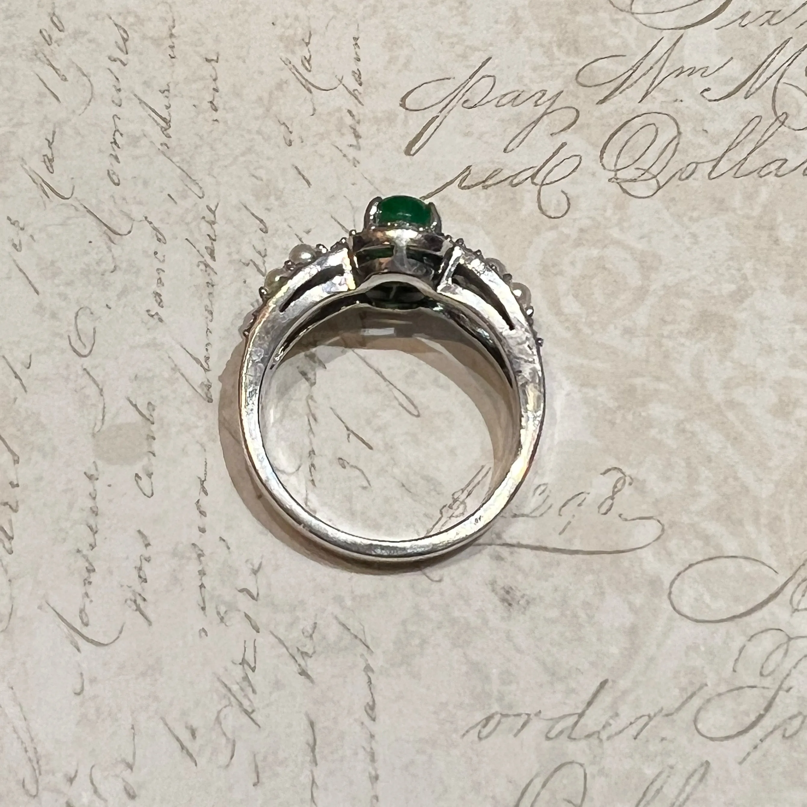 Jade Pearl Ring in Silver with Marcasite Stones