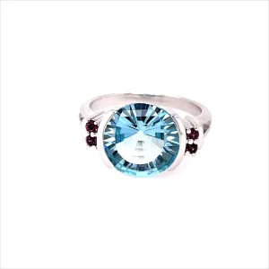 Kaleidoscope Laser Cut Round Blue Topaz Rhodalite Garnet Ring