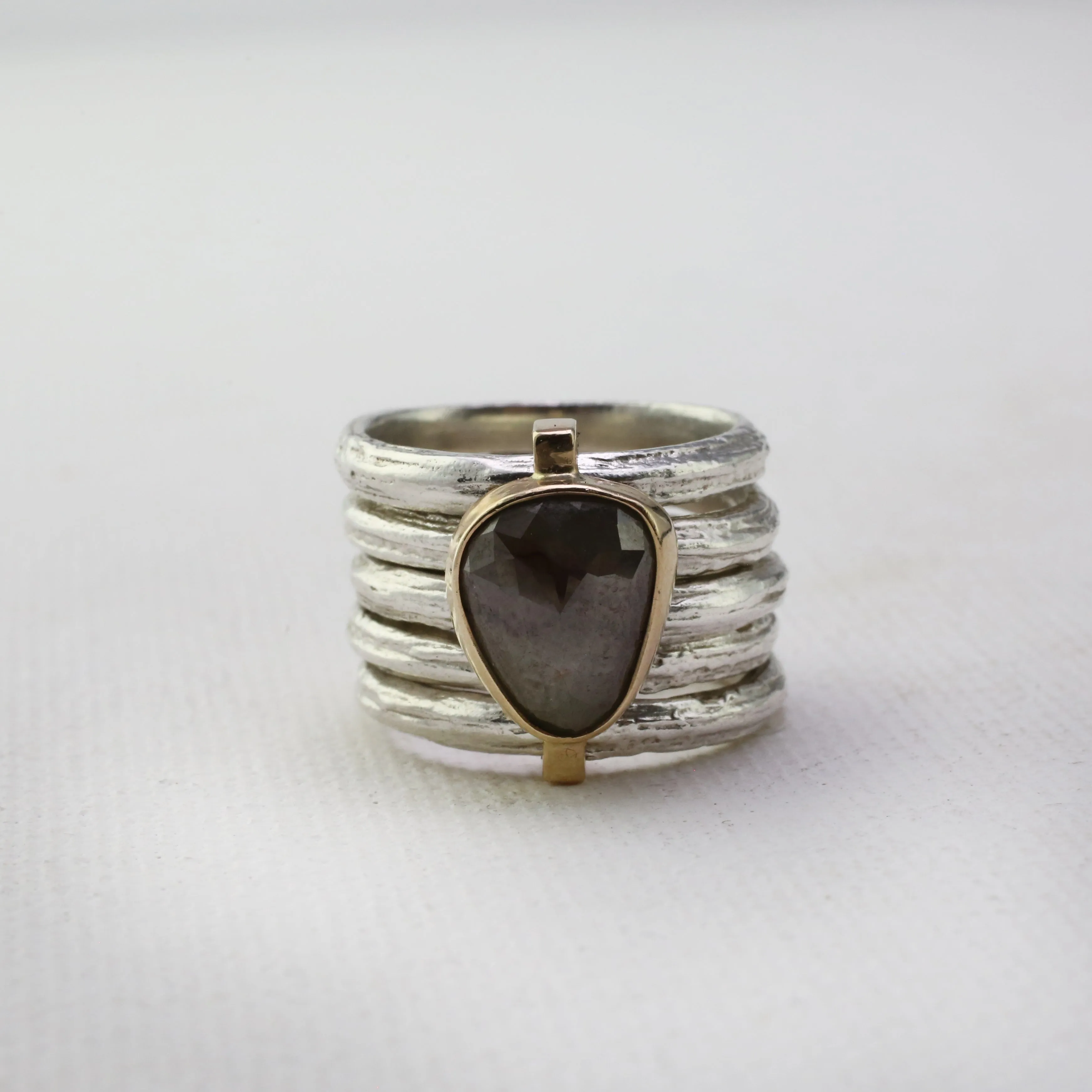 Kinetic Peony and Raw Diamond Teardrop Ring