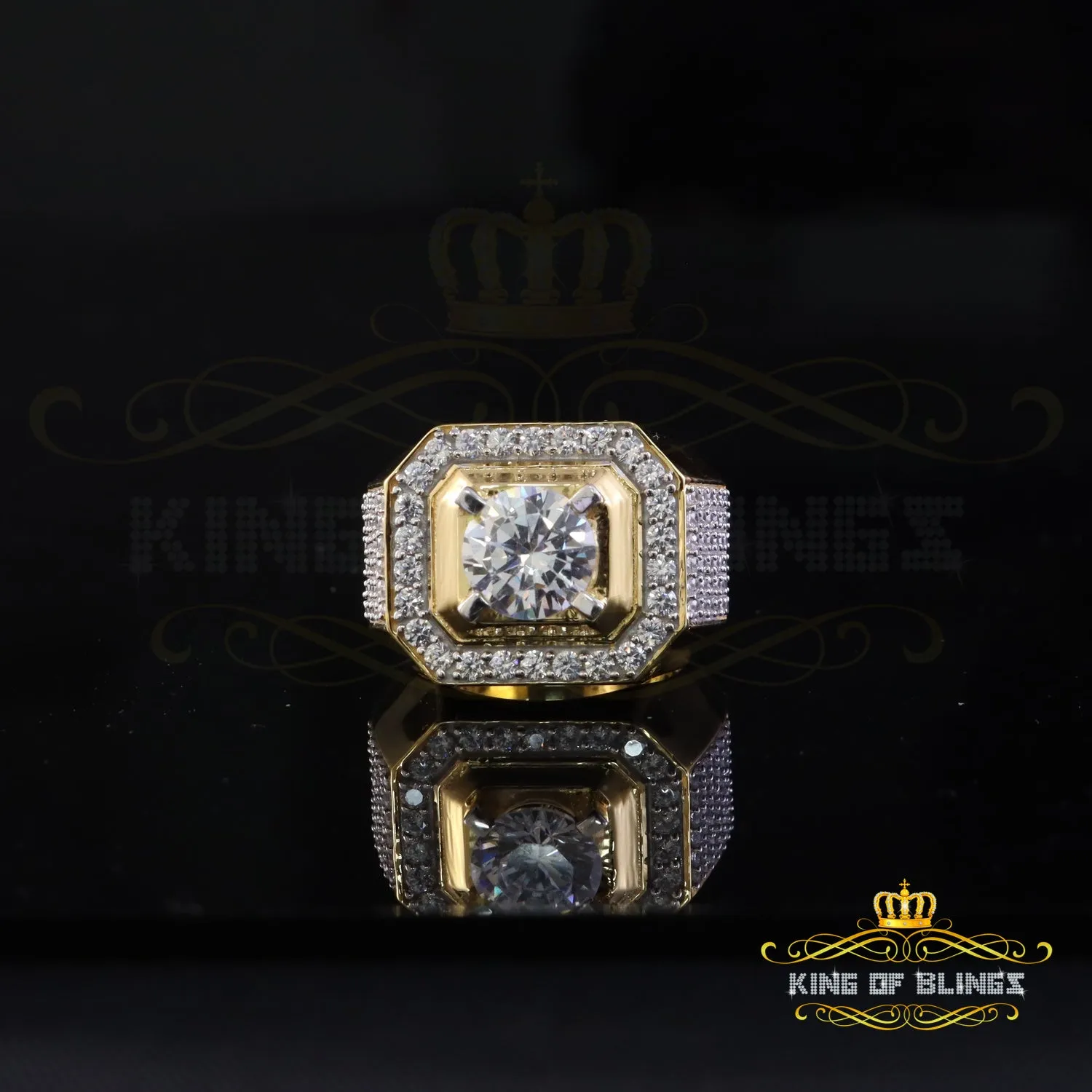 King Of Bling's Yellow Silver 7.10ct Cubic Zirconia Square Men's Adjustable Ring From SZ 9 to 11
