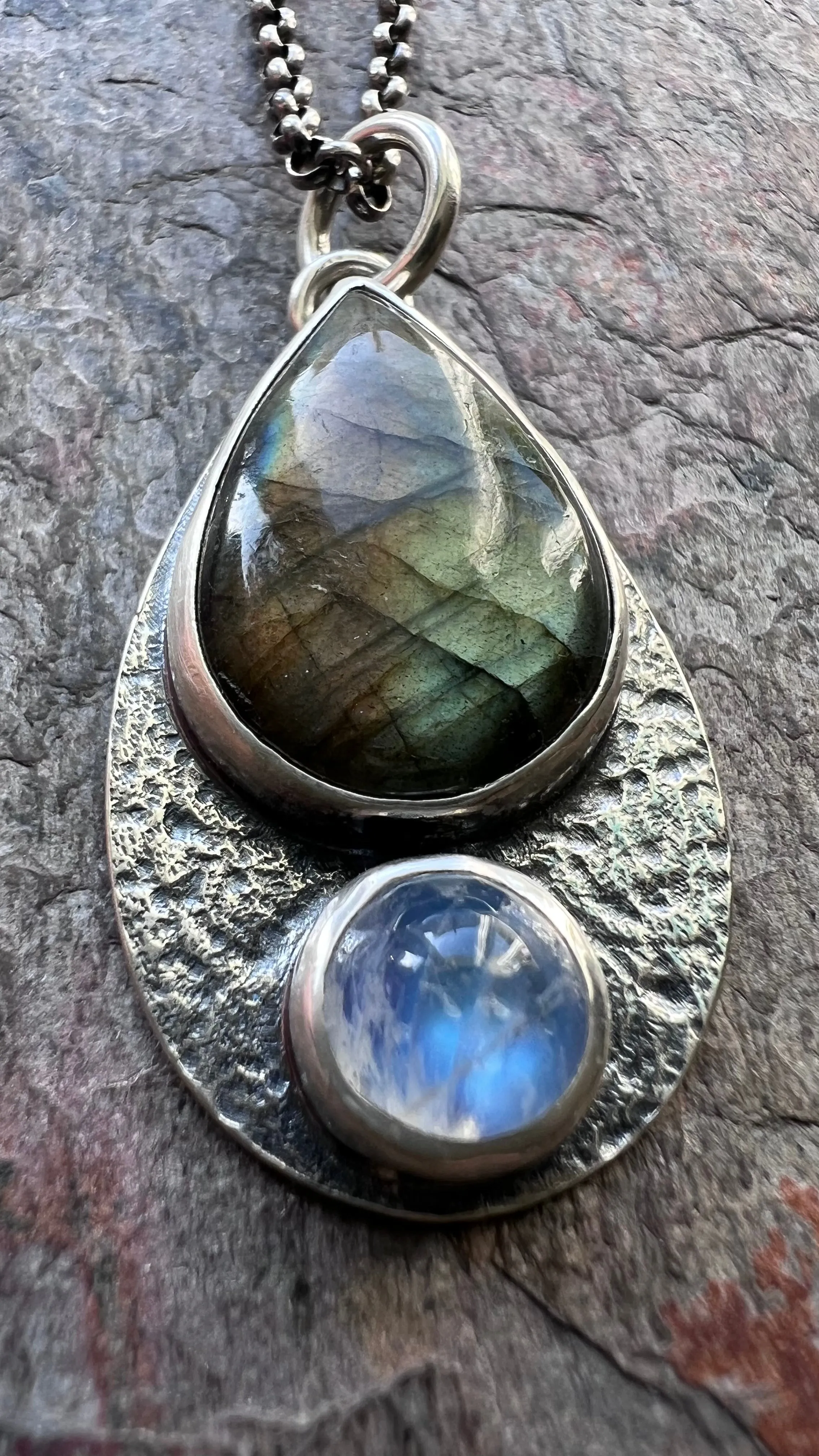 Labradorite and Rainbow Moonstone Sterling Silver Necklace - Handmade One-of-a-kind Pendant on Sterling Silver Chain